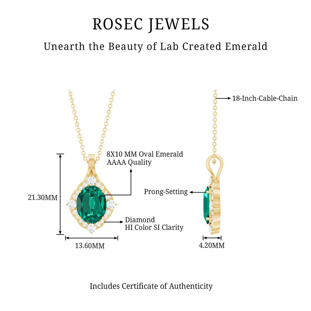 Certified 3 Carat Oval Lab Emerald and Diamond Vintage Necklace