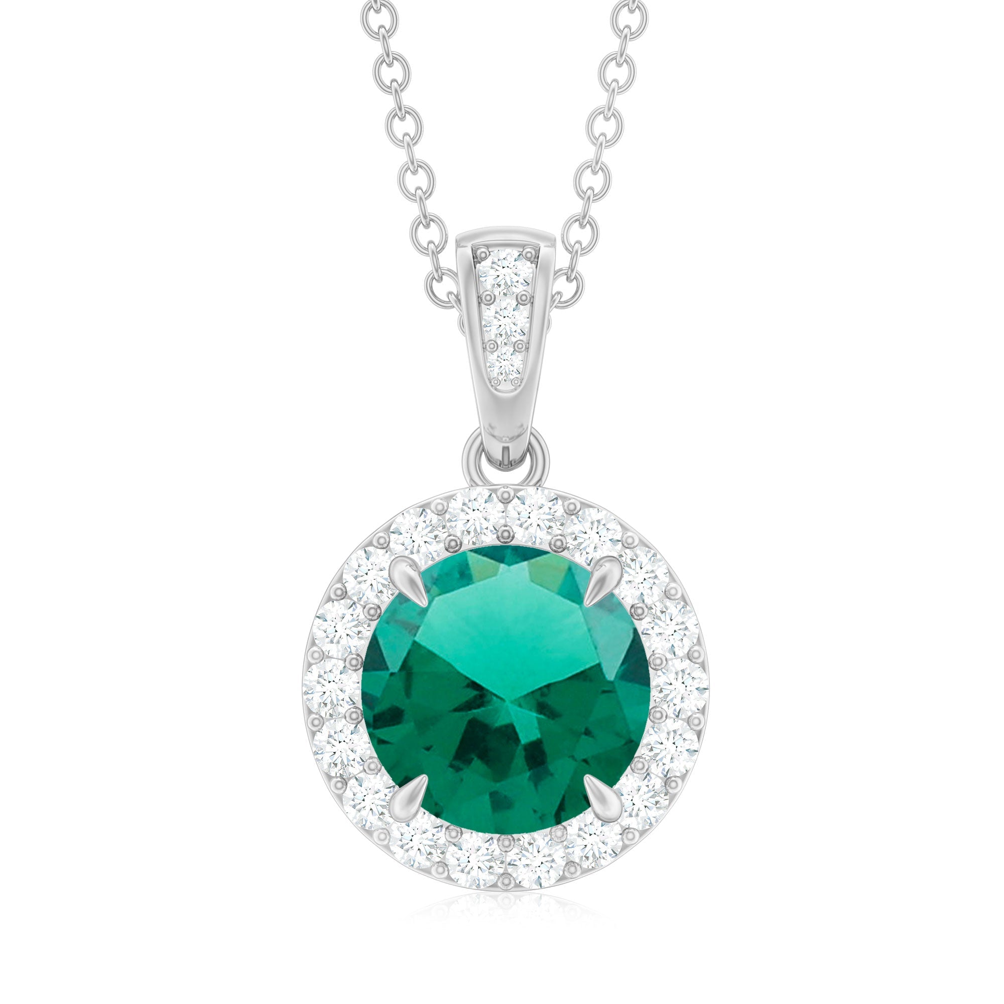 2 Carat Round Cut Lab Grown Emerald and Diamond Halo Necklace