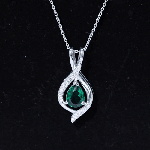 1 Carat Pear Cut Lab Created Emerald Teardrop Pendant with Diamond