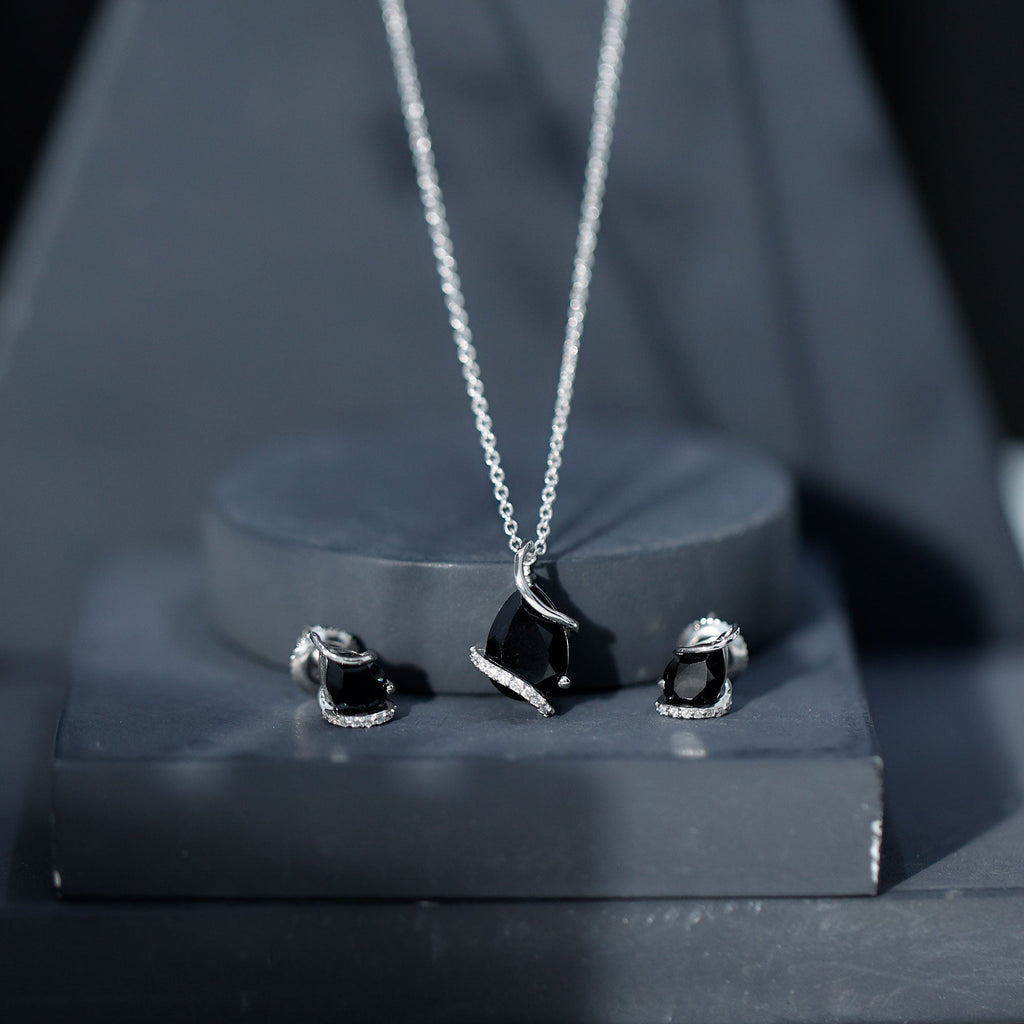 Natural Black Spinel and Moissanite Teardrop Jewelry Set in Silver