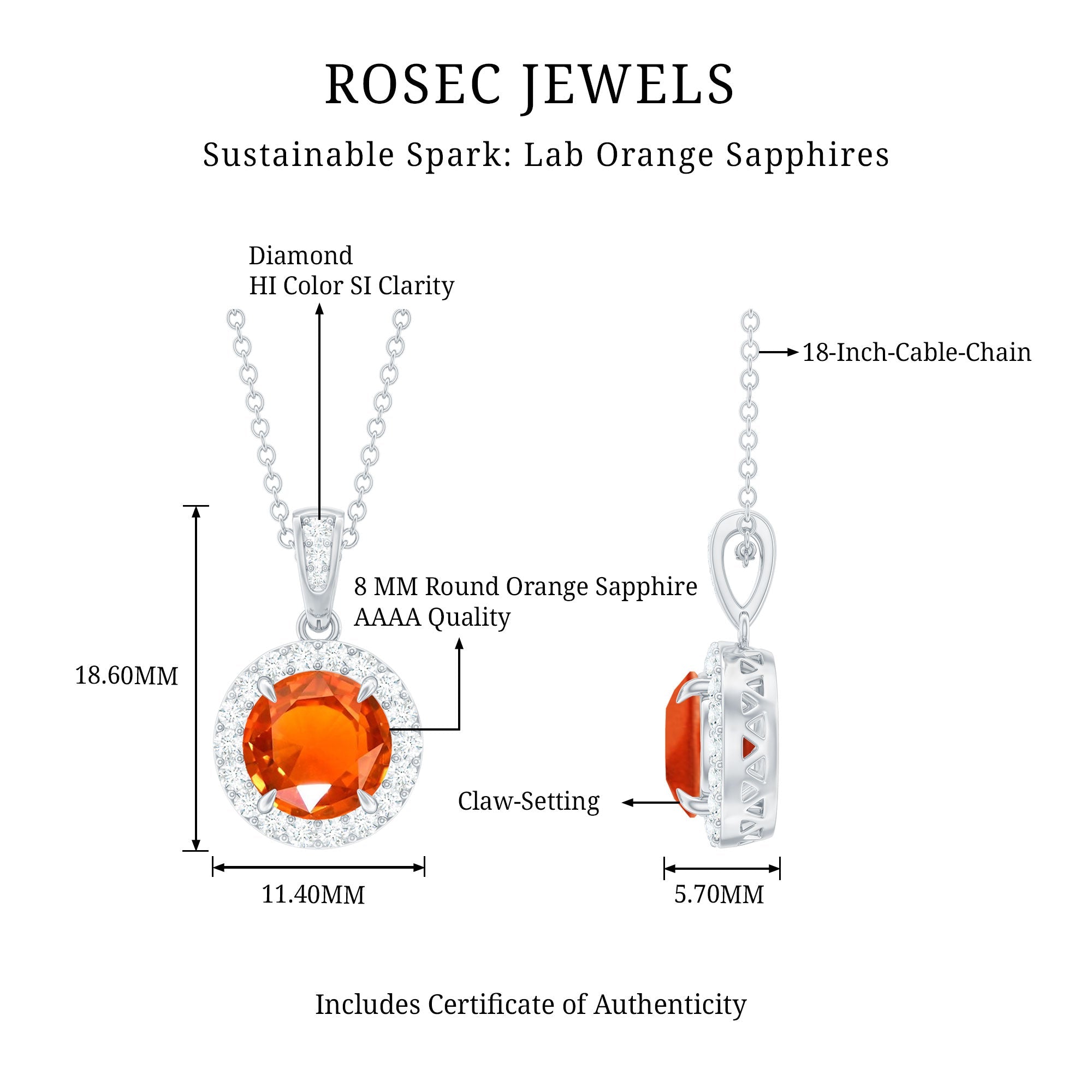 Created Orange Sapphire Pendant Necklace with Diamond Halo