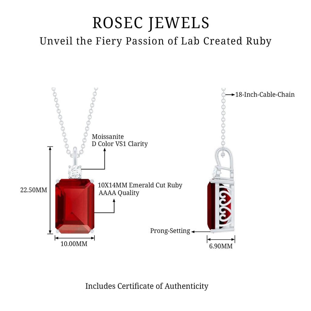 5 Carat Emerald Cut Lab Created Ruby Solitaire Pendant with Diamond