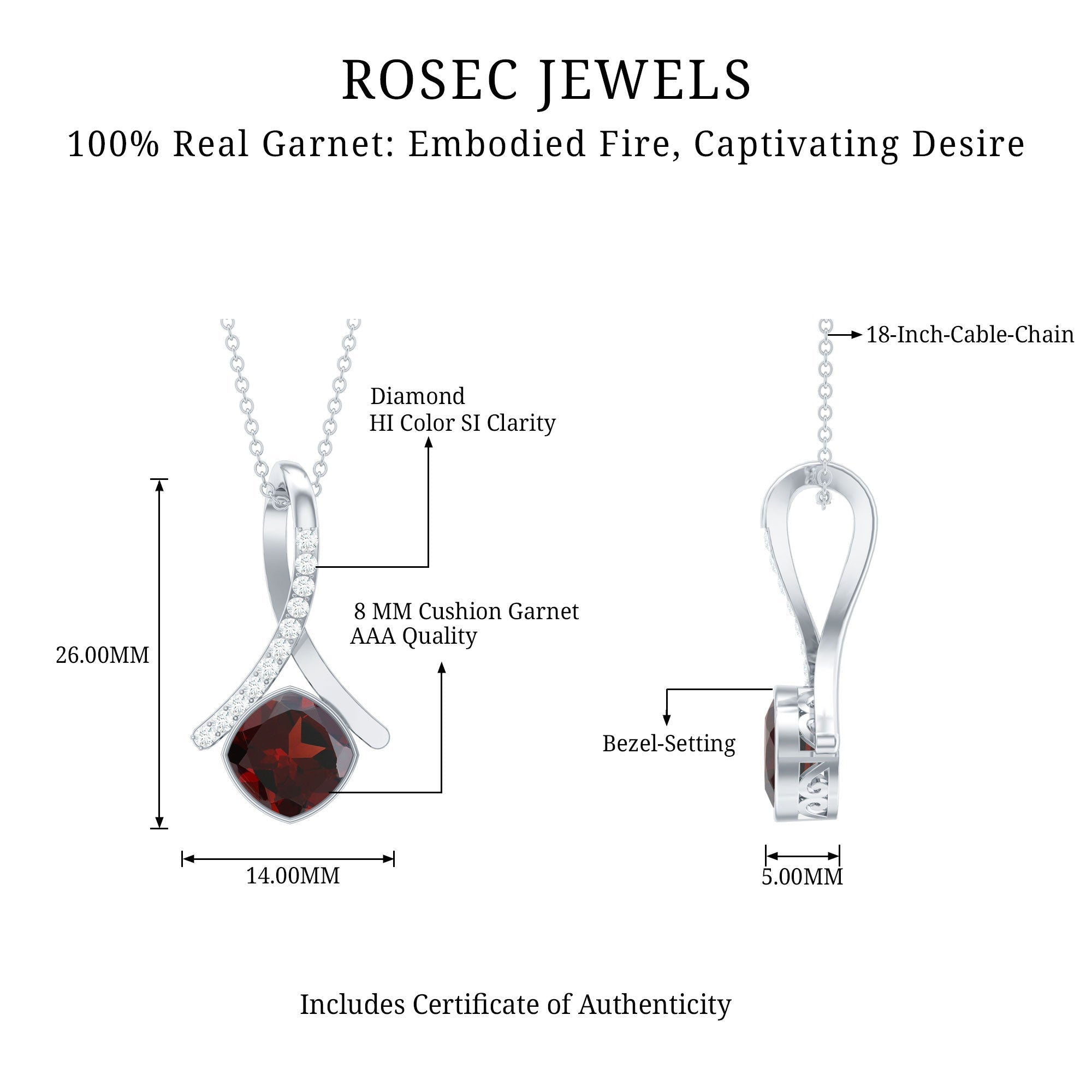 3.2 Carat Cushion Cut Garnet Solitaire Pendant with Diamond Twisted Bail