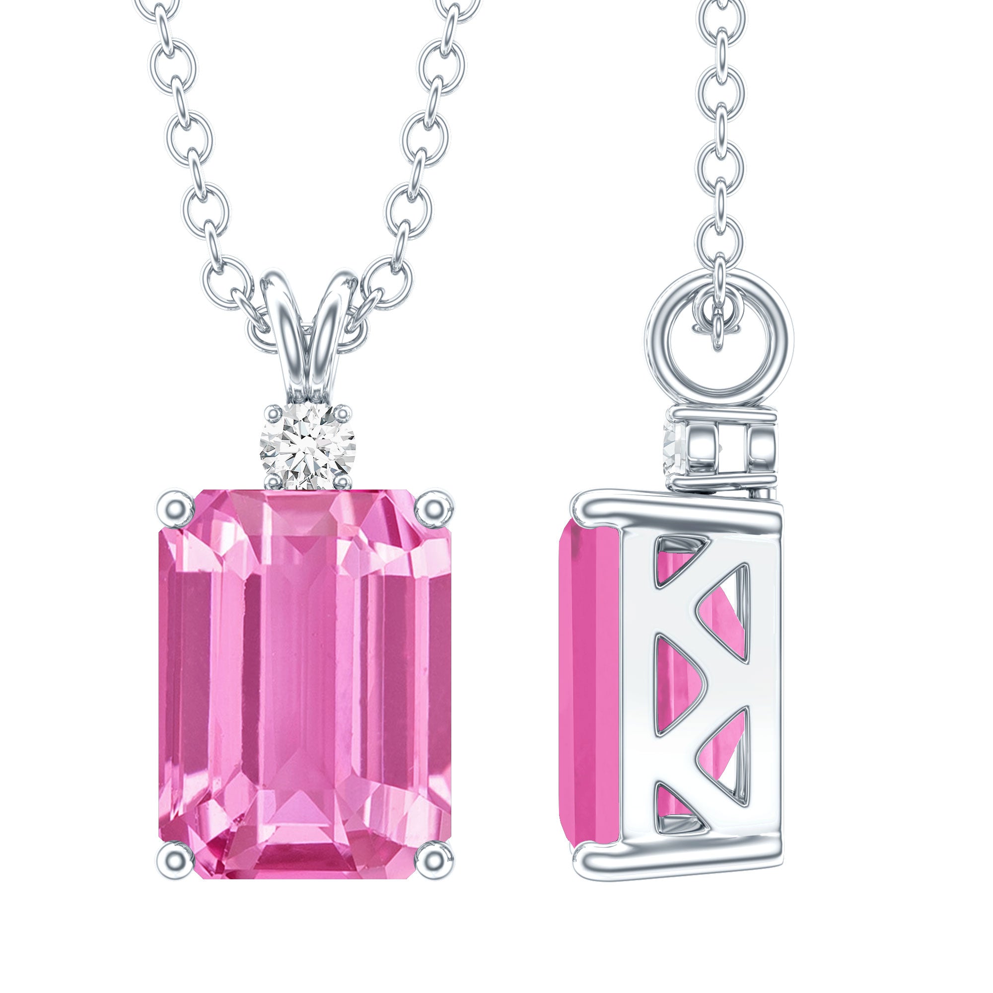 Emerald Cut 1.75 Carat Lab Grown Pink Sapphire Solitaire Necklace with Diamond