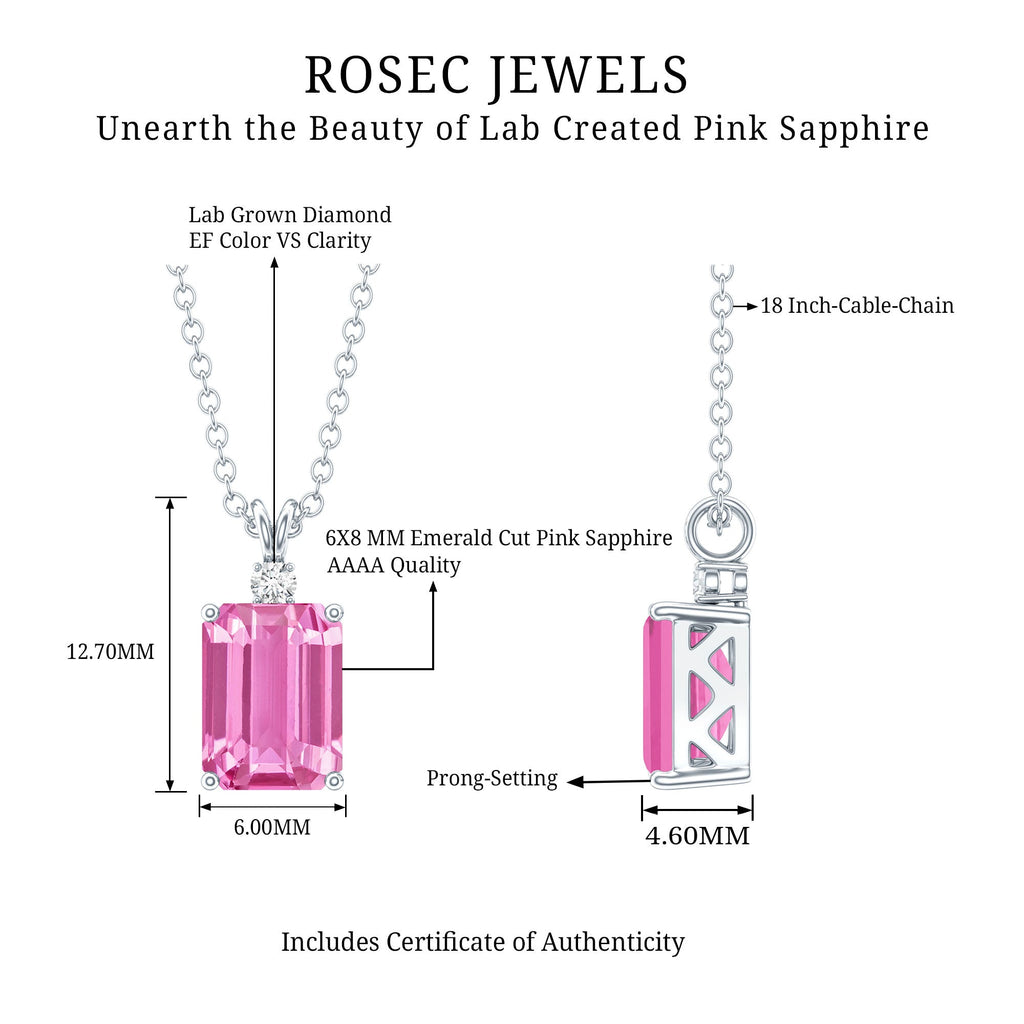Emerald Cut 1.75 Carat Lab Grown Pink Sapphire Solitaire Necklace with Diamond