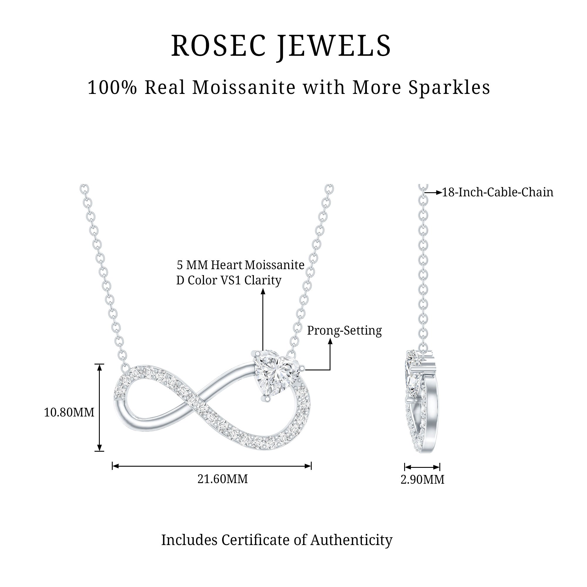 Certified Moissanite Heart Infinity Necklace in Silver