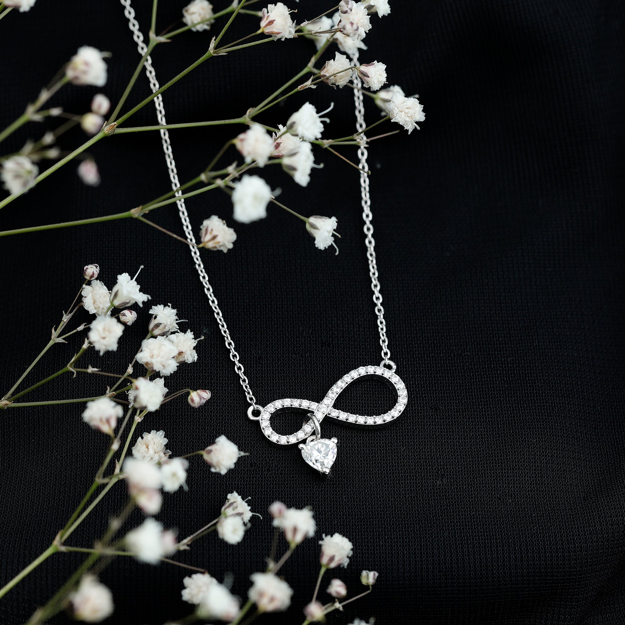 Sterling Silver Moissanite Infinity Necklace with Heart Charm