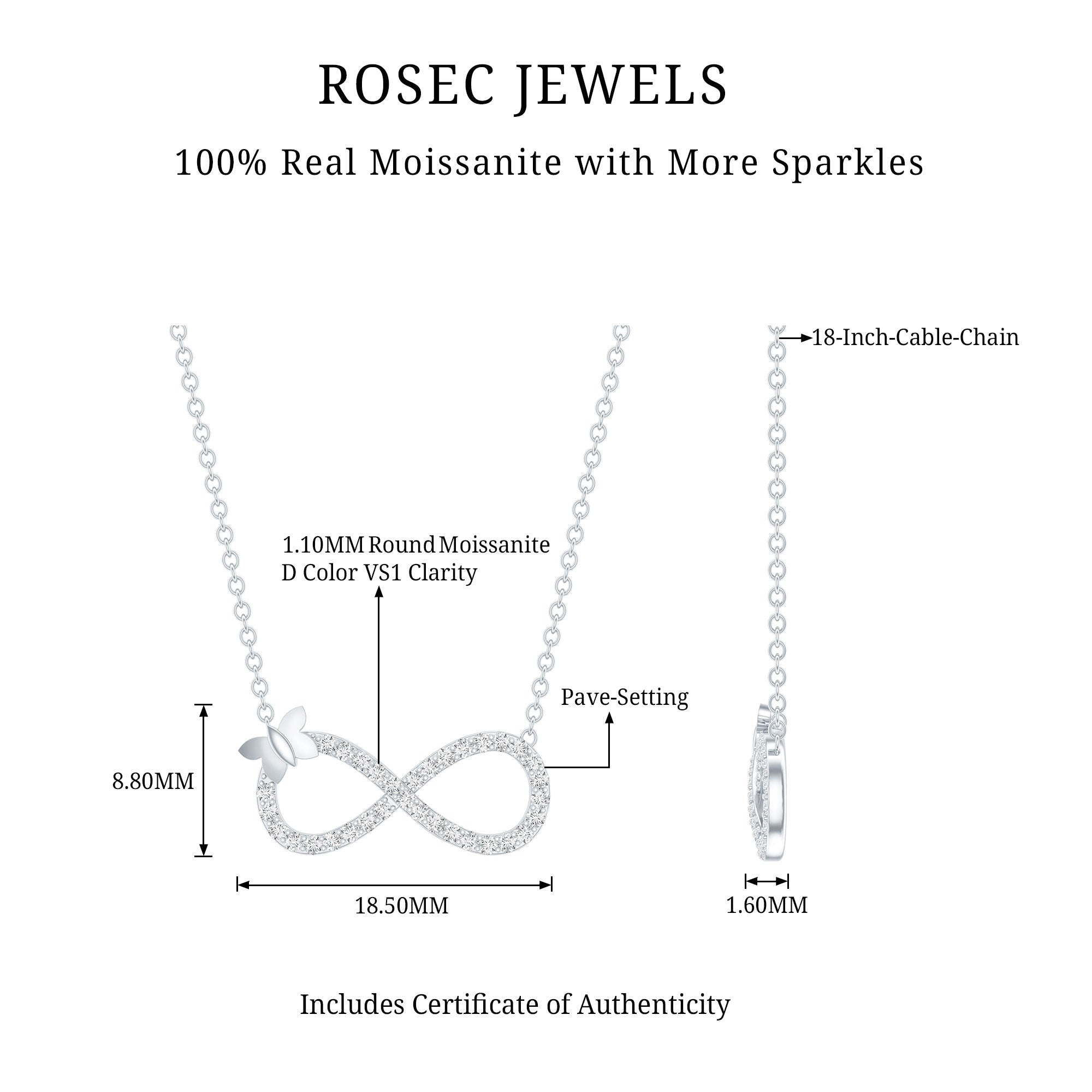 Certified Pave Set Moissanite Infinity Necklace with Butterfly