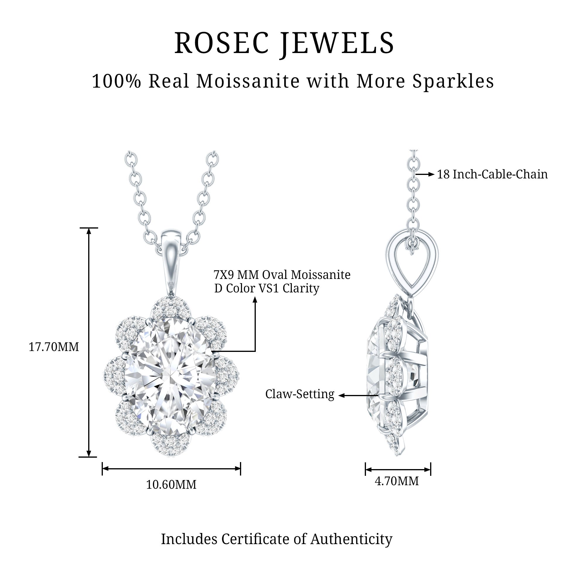 2 Carat Flower Inspired Moissanite Oval Necklace with Silver Chain