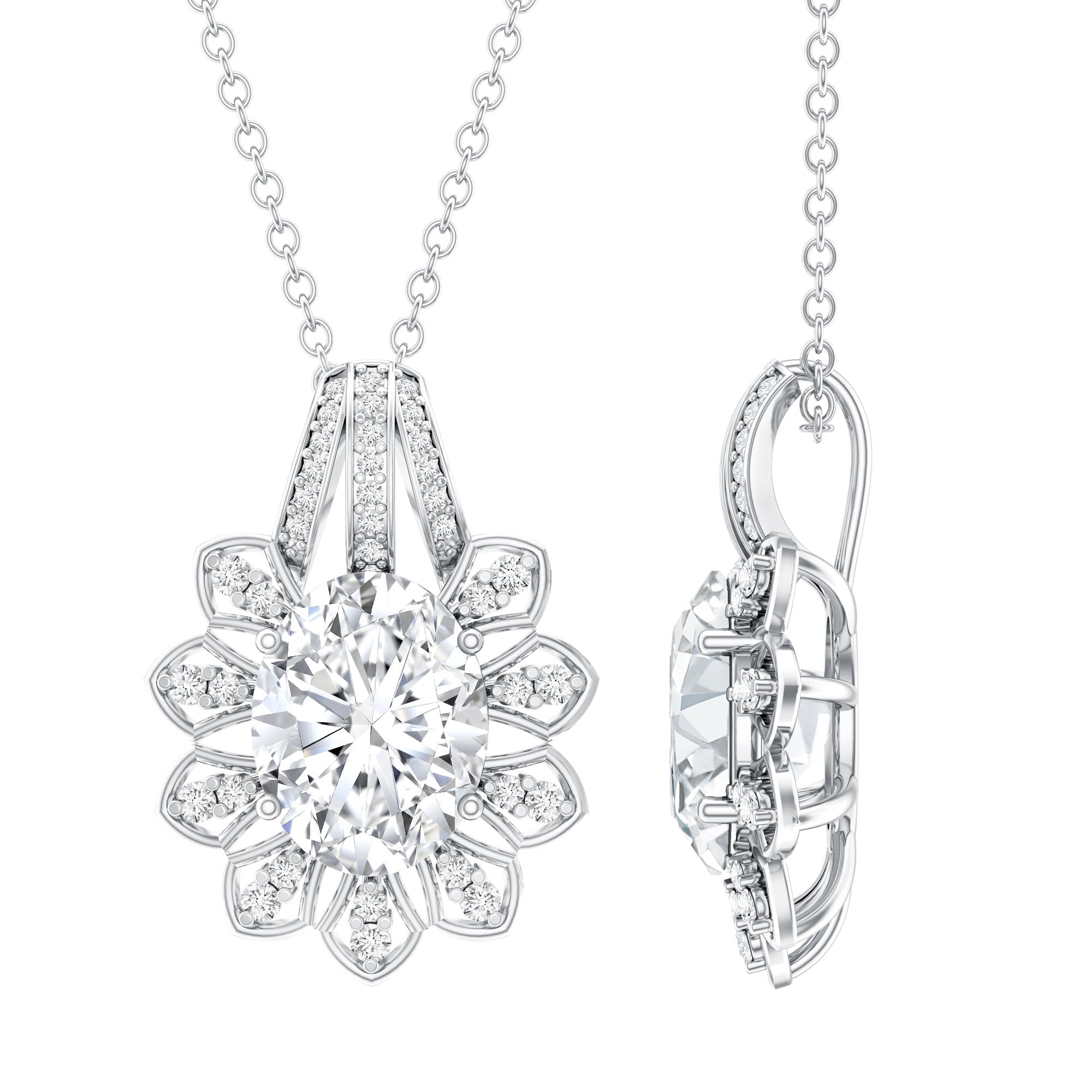 Certified 2 Carat Oval Moissanite Vintage Necklace with Silver Chain