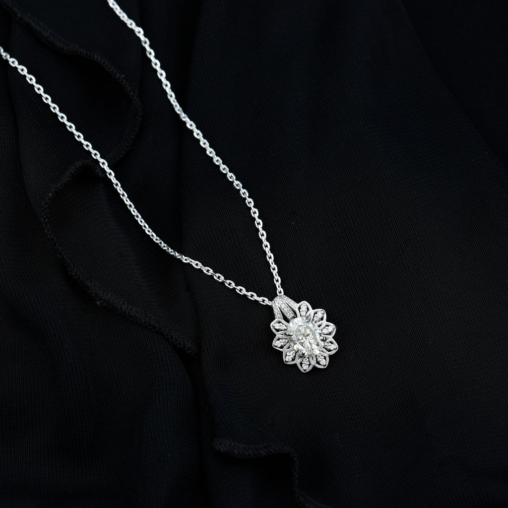 Certified 2 Carat Oval Moissanite Vintage Necklace with Silver Chain
