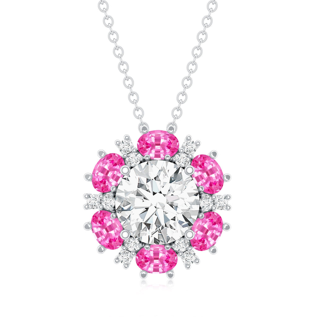 Certified 2 CT Moissanite and Lab Grown Pink Sapphire Flower Pendant Necklace