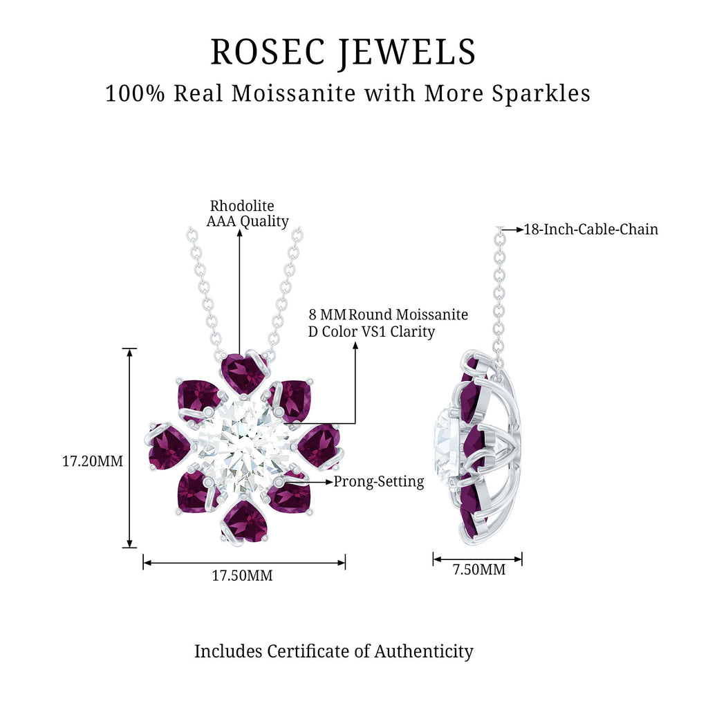 2 Carat Moissanite Designer Necklace with Rhodolite