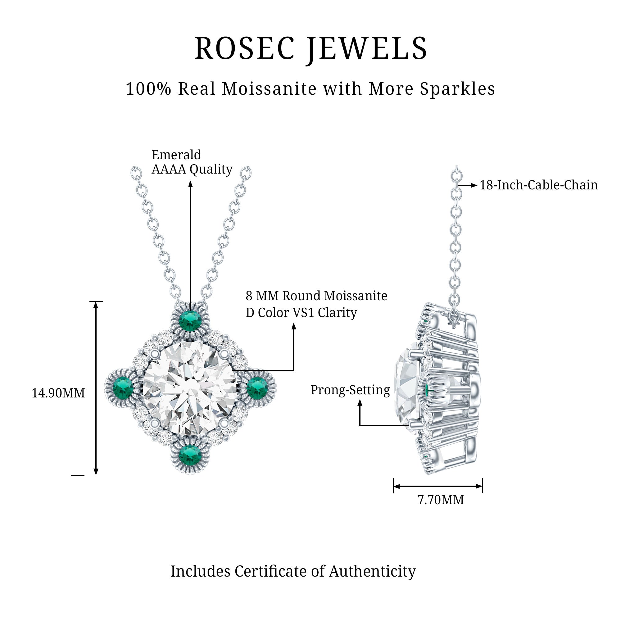 2 Carat Moissanite Vintage Inspired Necklace with Lab Emerald