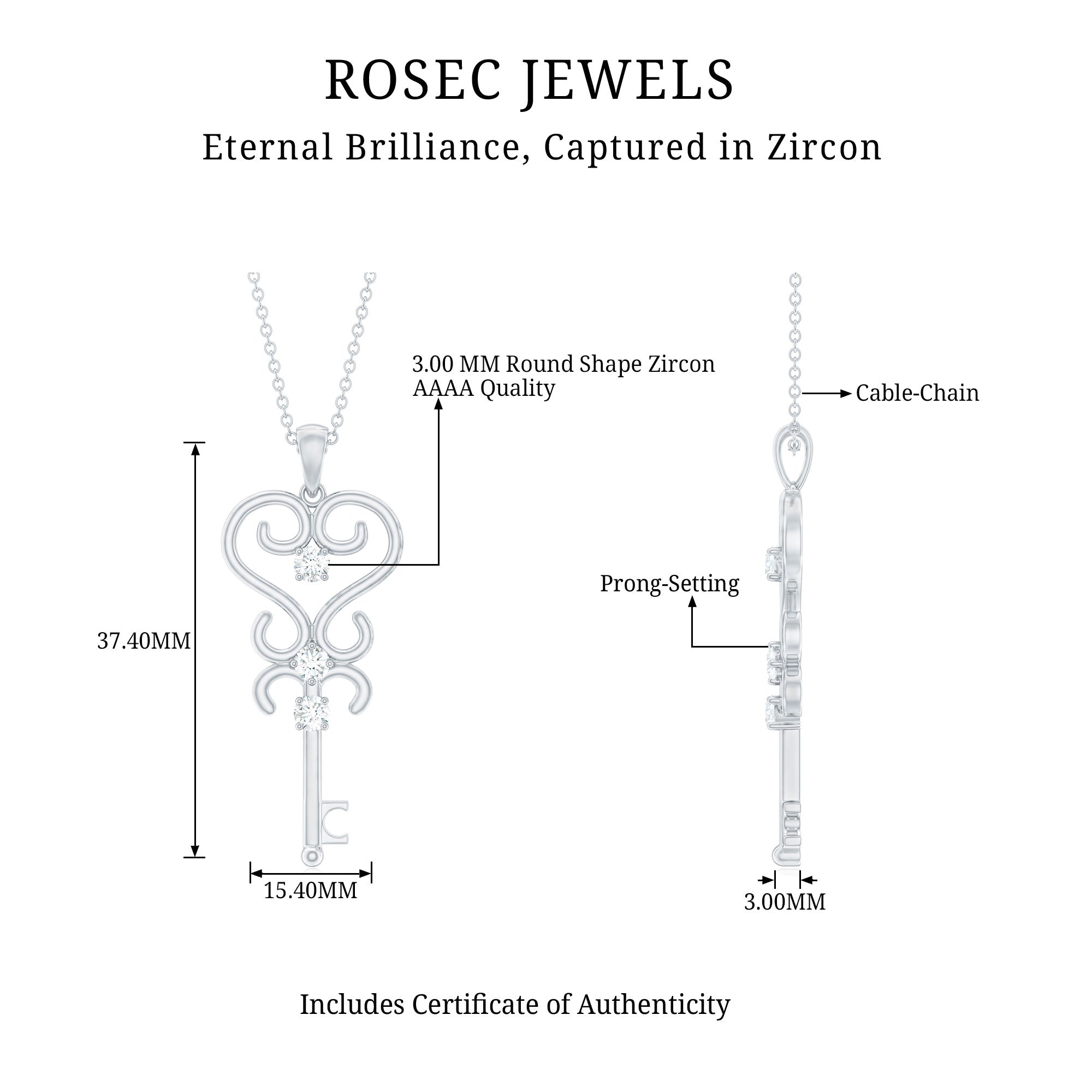 Vintage Inspired Cubic Zirconia Key Necklace with Certificate