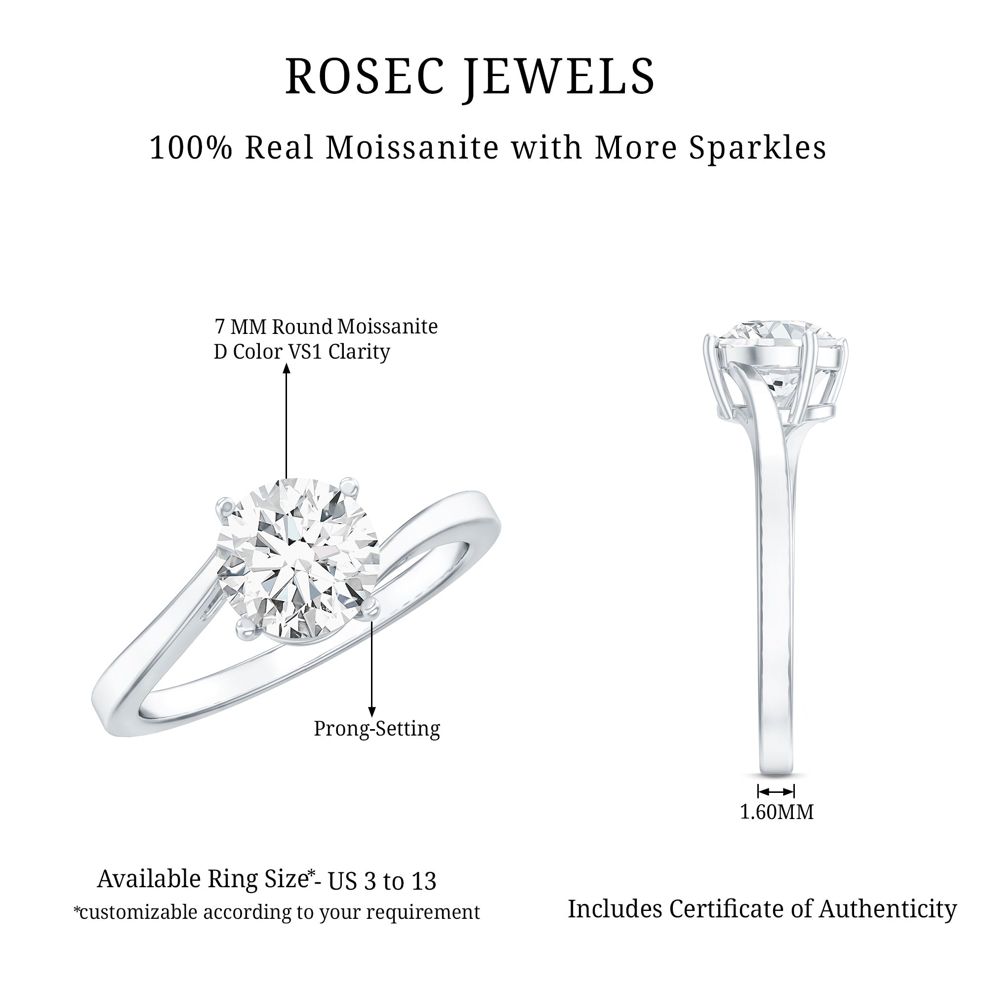 Certified Moissanite Solitaire Engagement Ring with Bypass Shank
