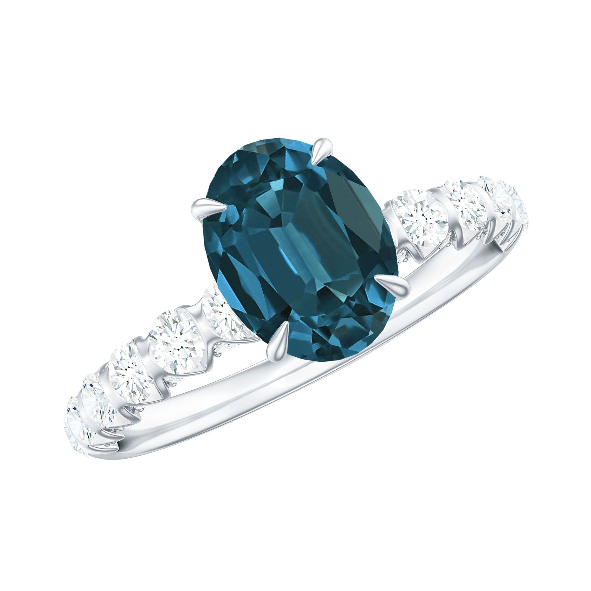 6X8mm Oval Cut London Blue Topaz Solitaire Engagement Ring with Diamond Side Stones