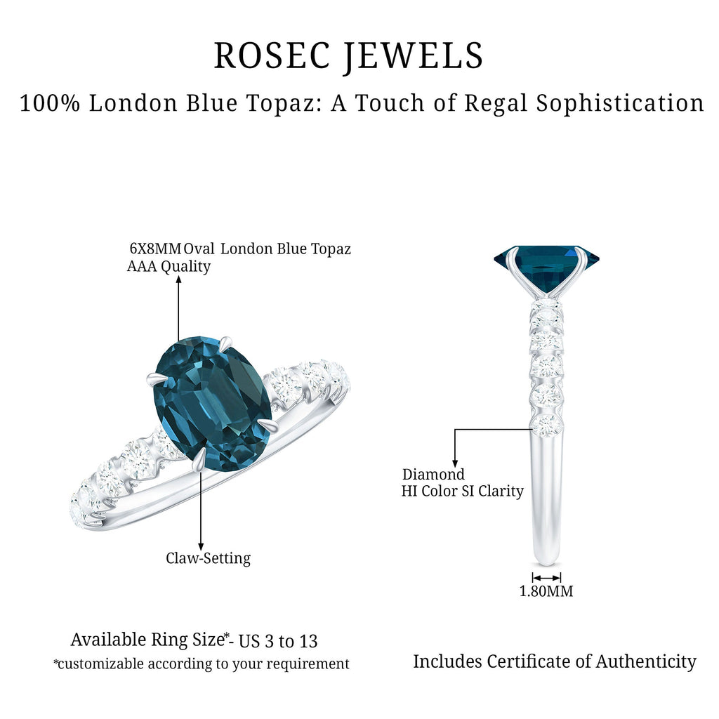 6X8mm Oval Cut London Blue Topaz Solitaire Engagement Ring with Diamond Side Stones
