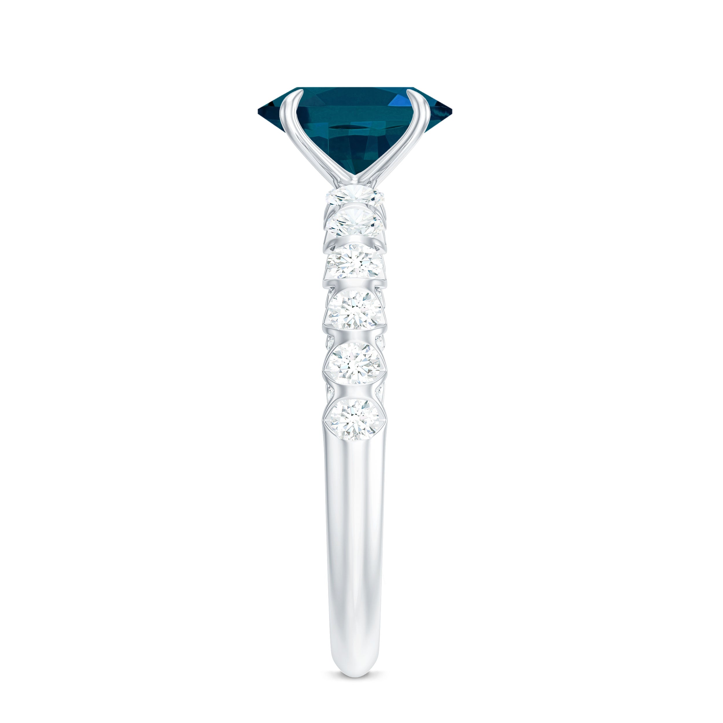 6X8mm Oval Cut London Blue Topaz Solitaire Engagement Ring with Diamond Side Stones