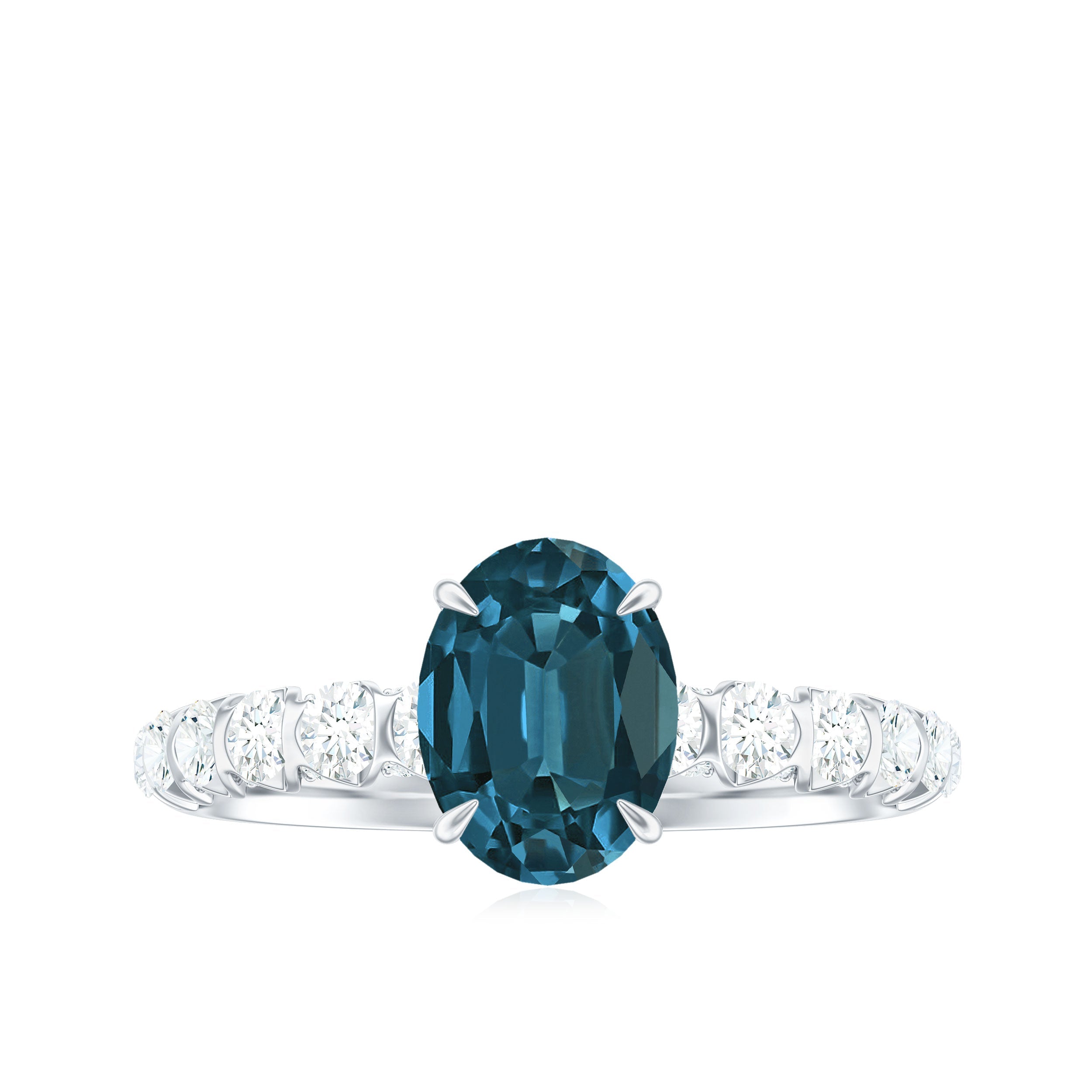6X8mm Oval Cut London Blue Topaz Solitaire Engagement Ring with Diamond Side Stones