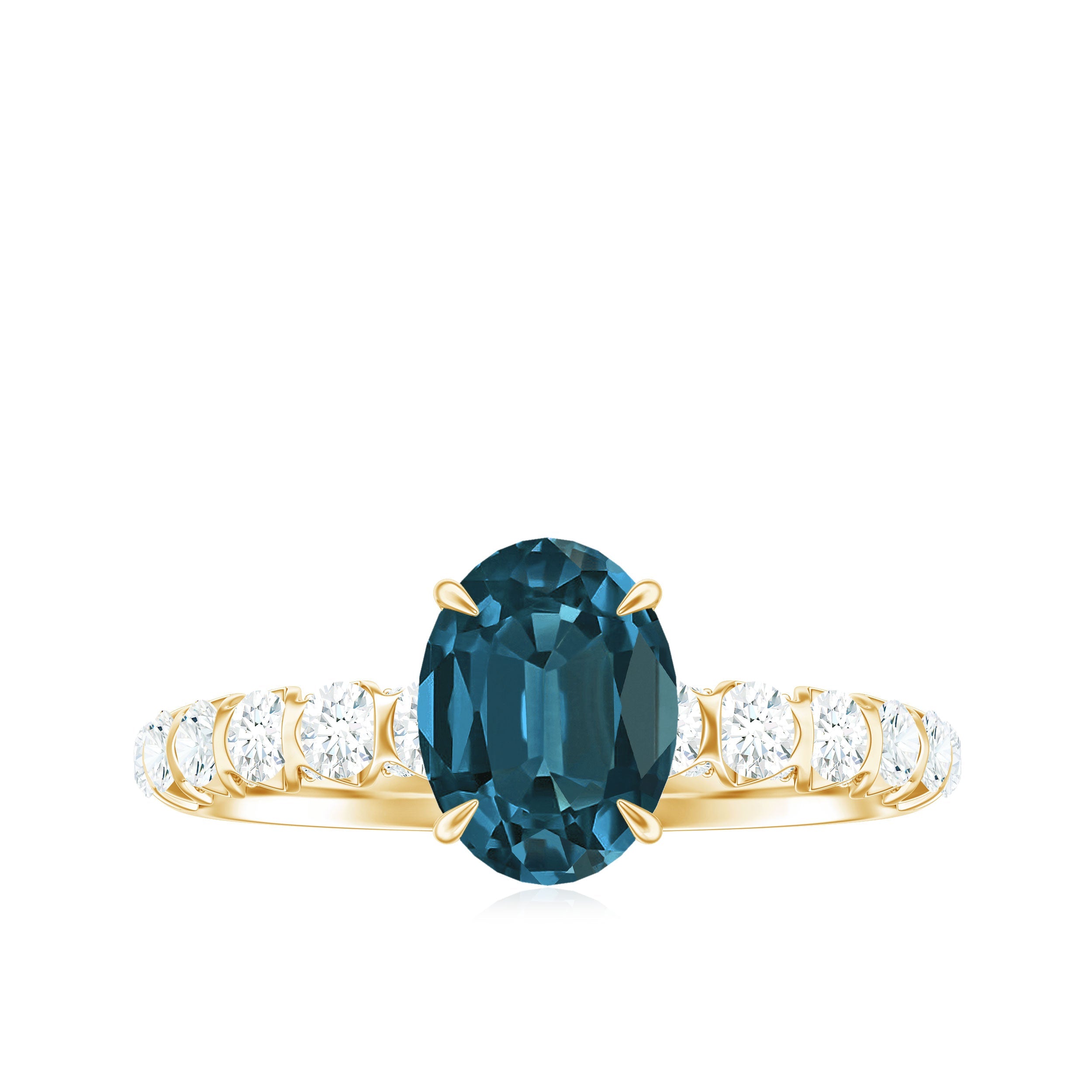 6X8mm Oval Cut London Blue Topaz Solitaire Engagement Ring with Diamond Side Stones