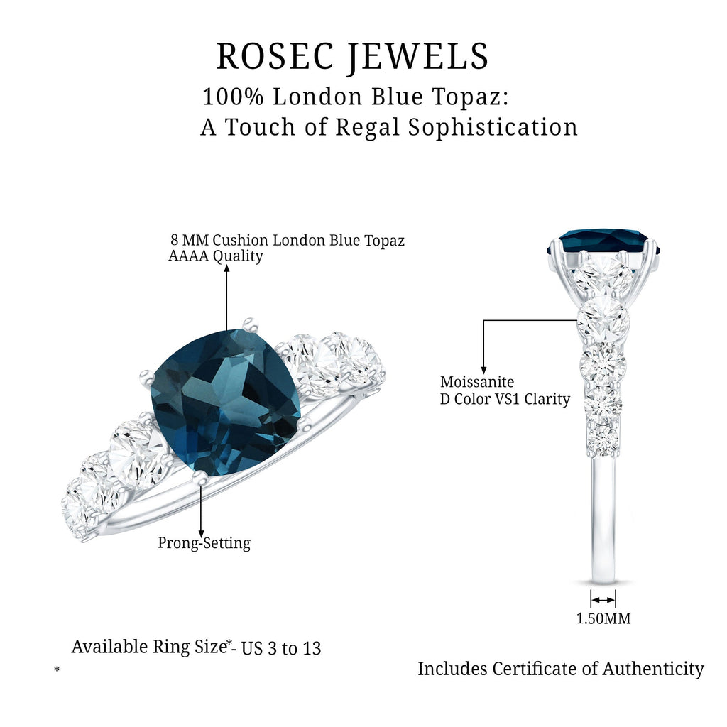 8mm Cushion Cut London Blue Topaz Solitaire Engagement Ring with Moissanite Side Stones