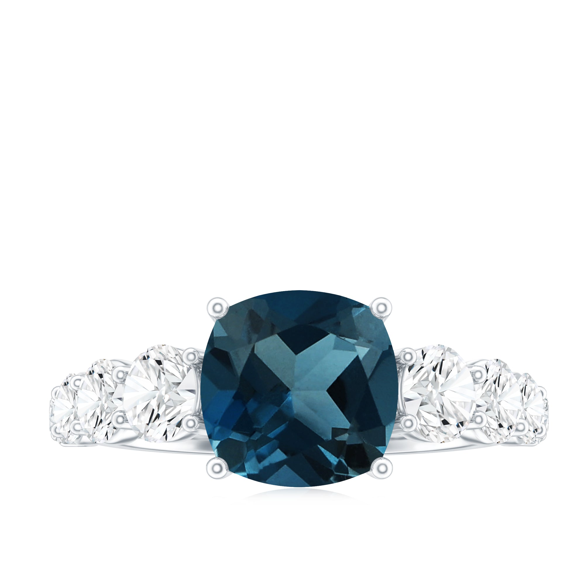 8mm Cushion Cut London Blue Topaz Solitaire Engagement Ring with Moissanite Side Stones