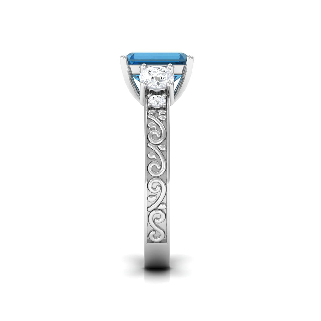 6X8mm Emerald Cut London Blue Topaz Statement Ring with Engraved Shank