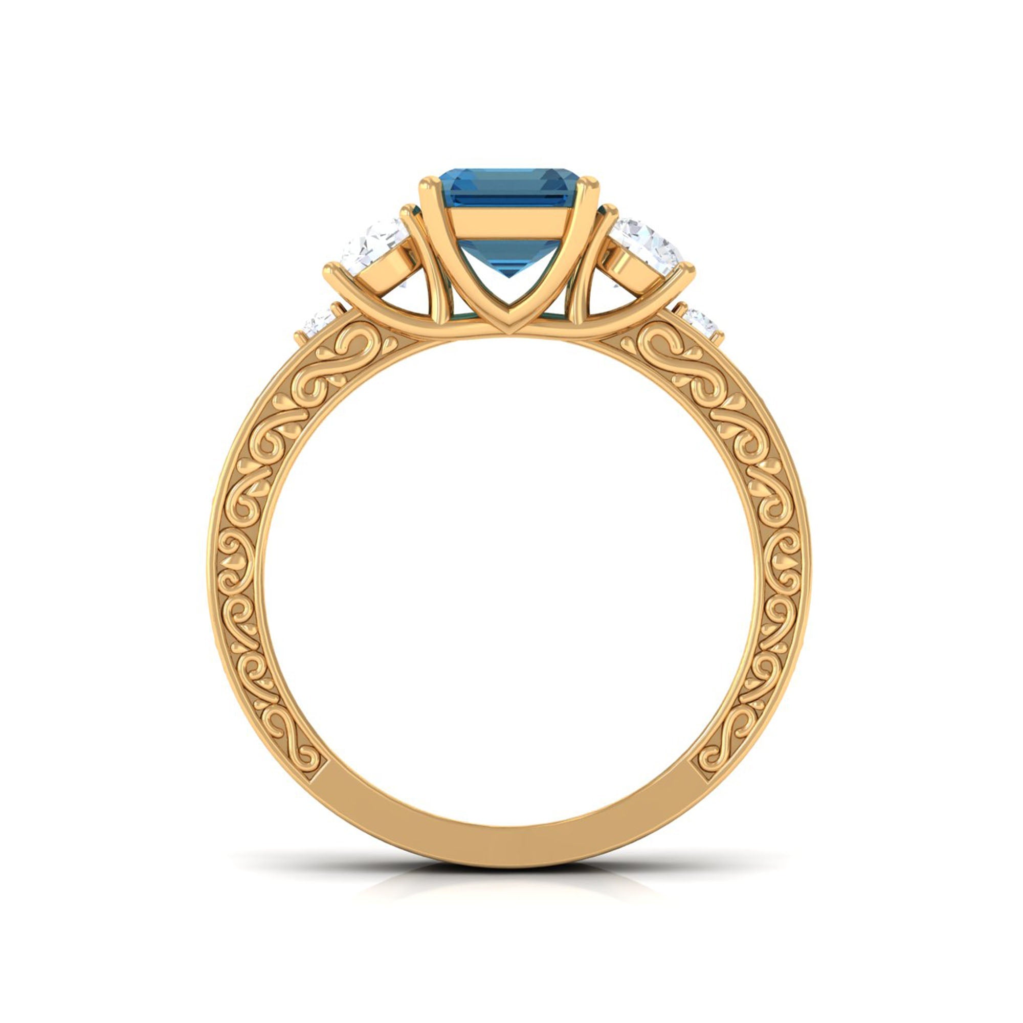 6X8mm Emerald Cut London Blue Topaz Statement Ring with Engraved Shank