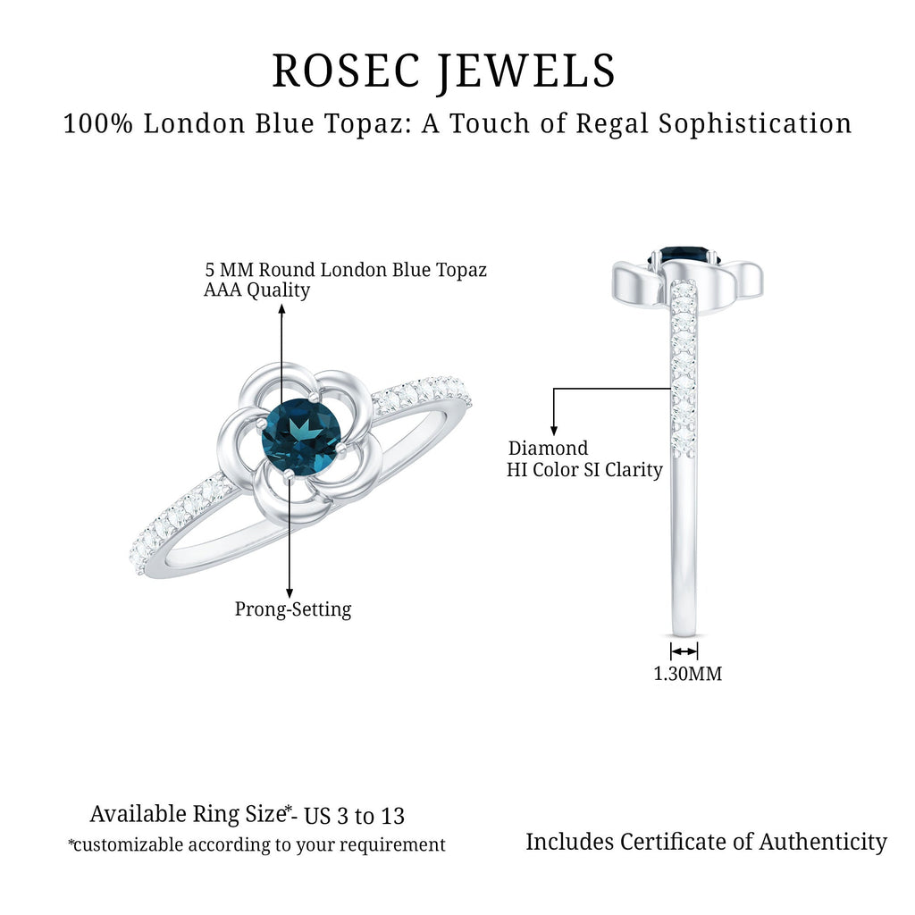 5mm Round London Blue Topaz Flower Promise Ring with Diamond