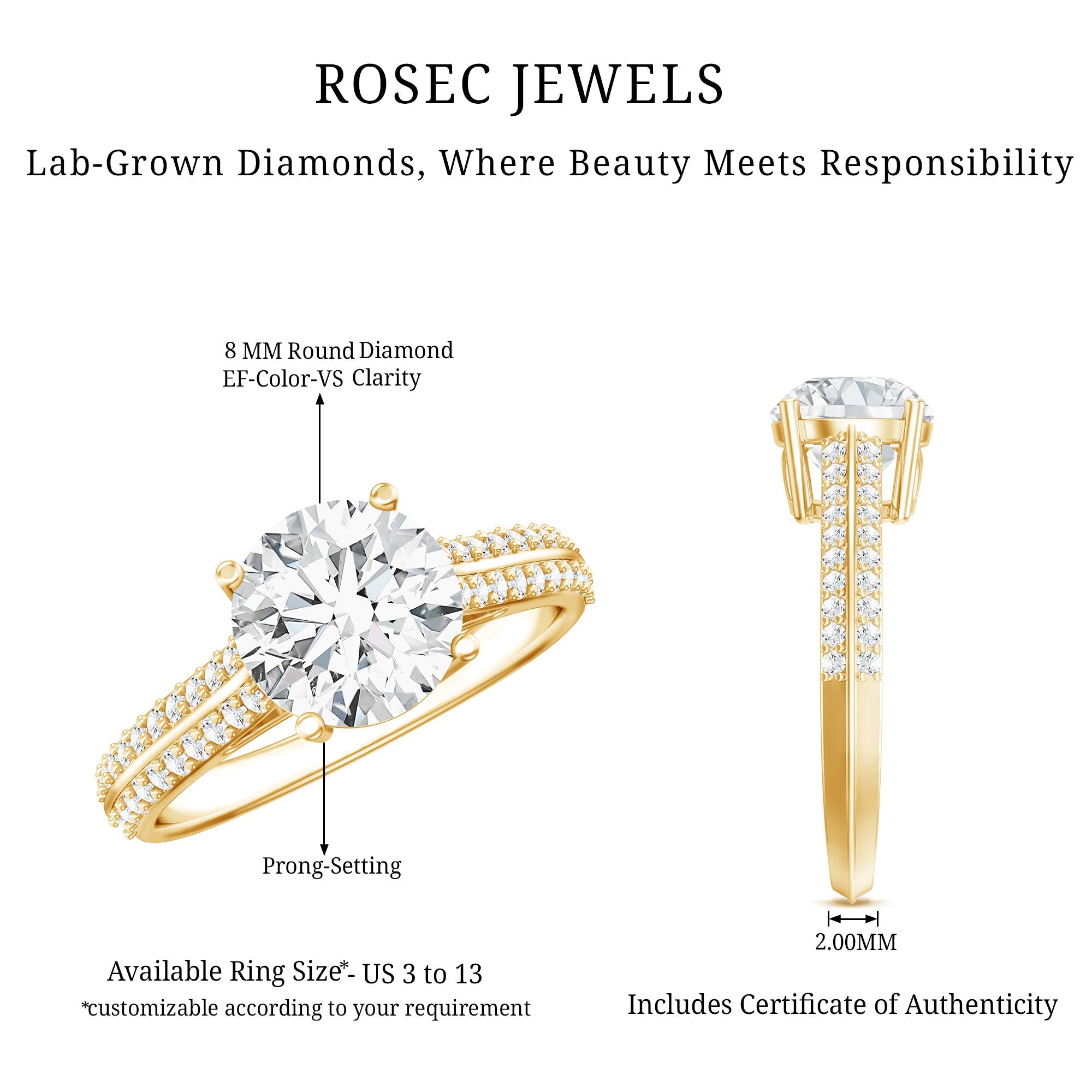 Certified Lab Grown Diamond 2 Carat Simple Engagement Ring With Side Stones