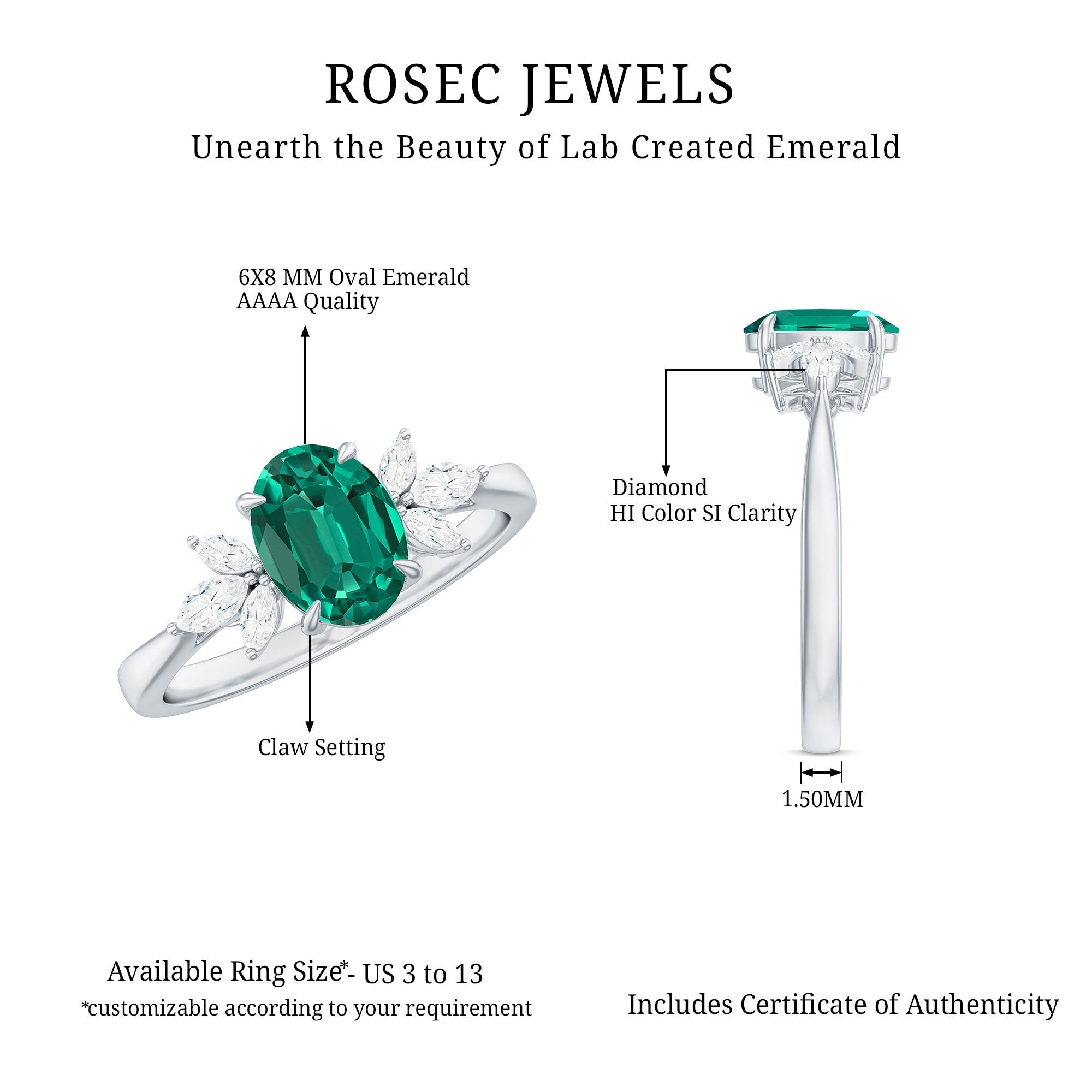 1.2 Carat Lab Created Emerald Oval Engagement Ring with Diamond Trio