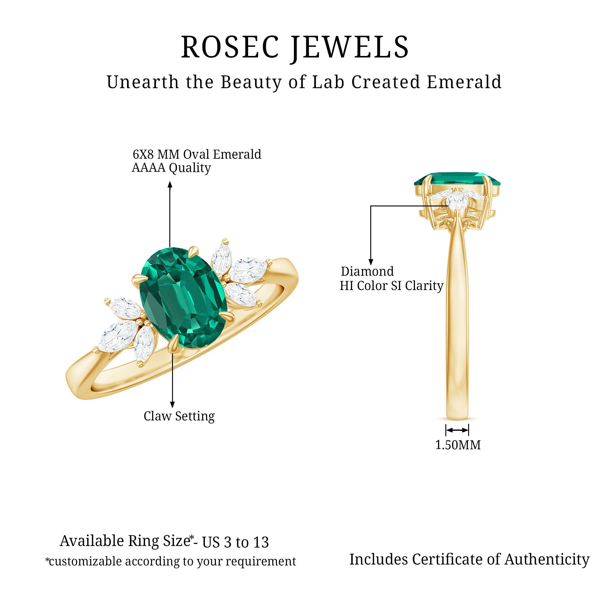 1.2 Carat Lab Created Emerald Oval Engagement Ring with Diamond Trio
