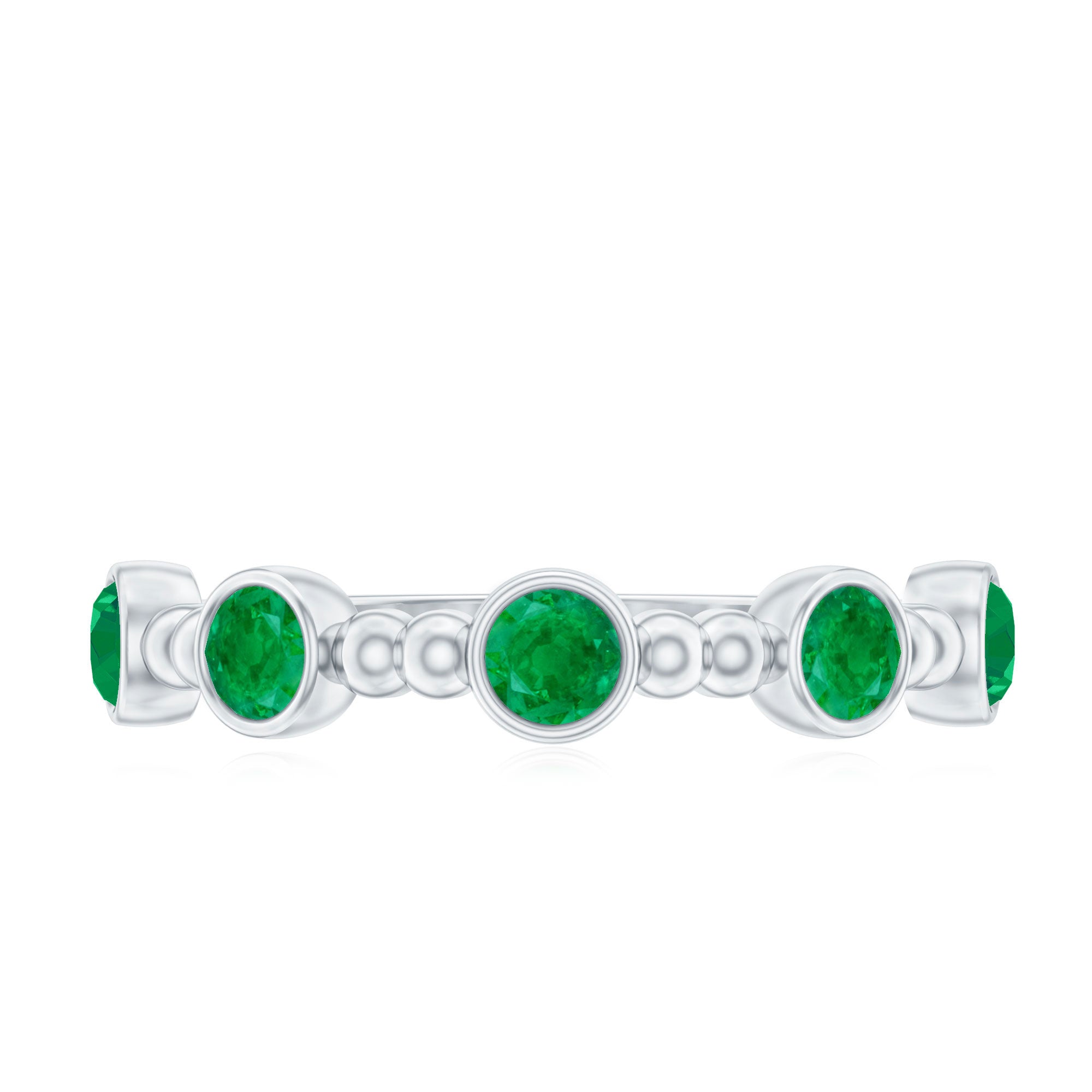Bezel Set Emerald Half Eternity Ring with Beaded Design