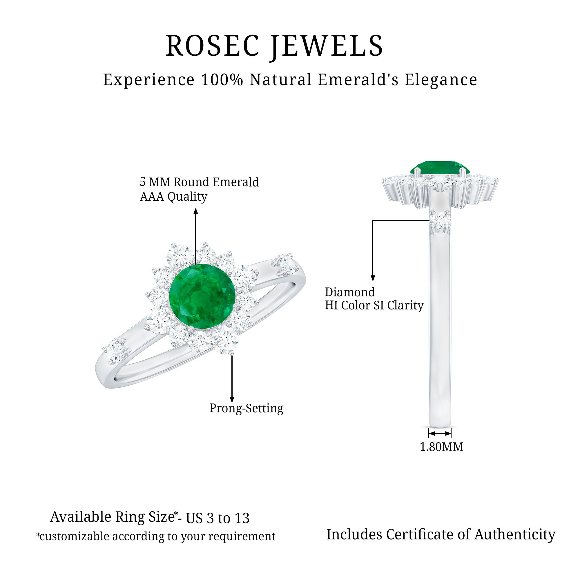 5mm Round Shape Emerald Promise Ring with Diamond Halo