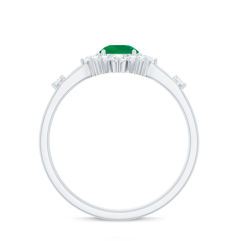 5mm Round Shape Emerald Promise Ring with Diamond Halo