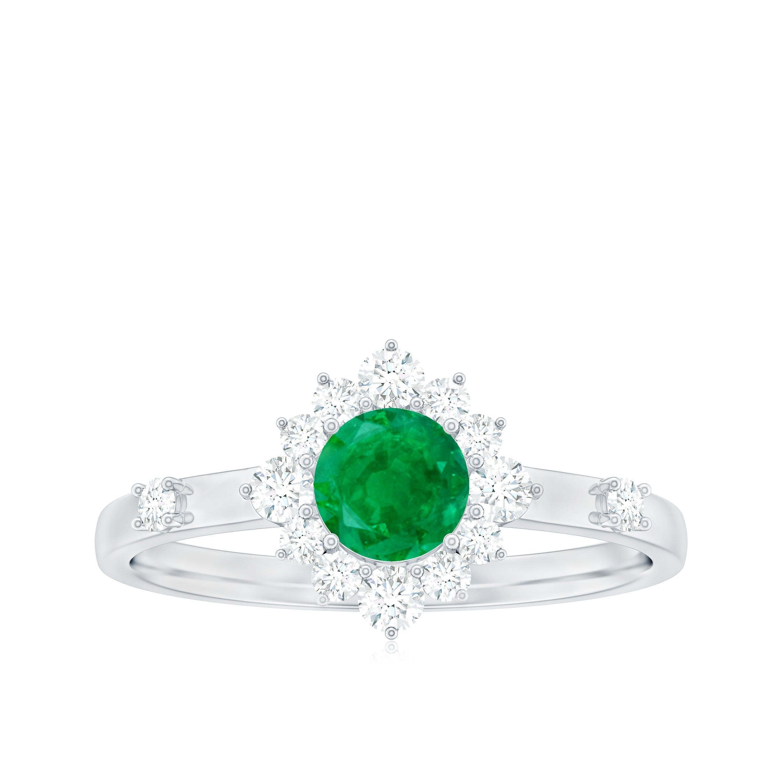 5mm Round Shape Emerald Promise Ring with Diamond Halo