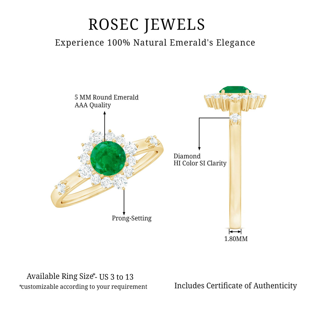 5mm Round Shape Emerald Promise Ring with Diamond Halo