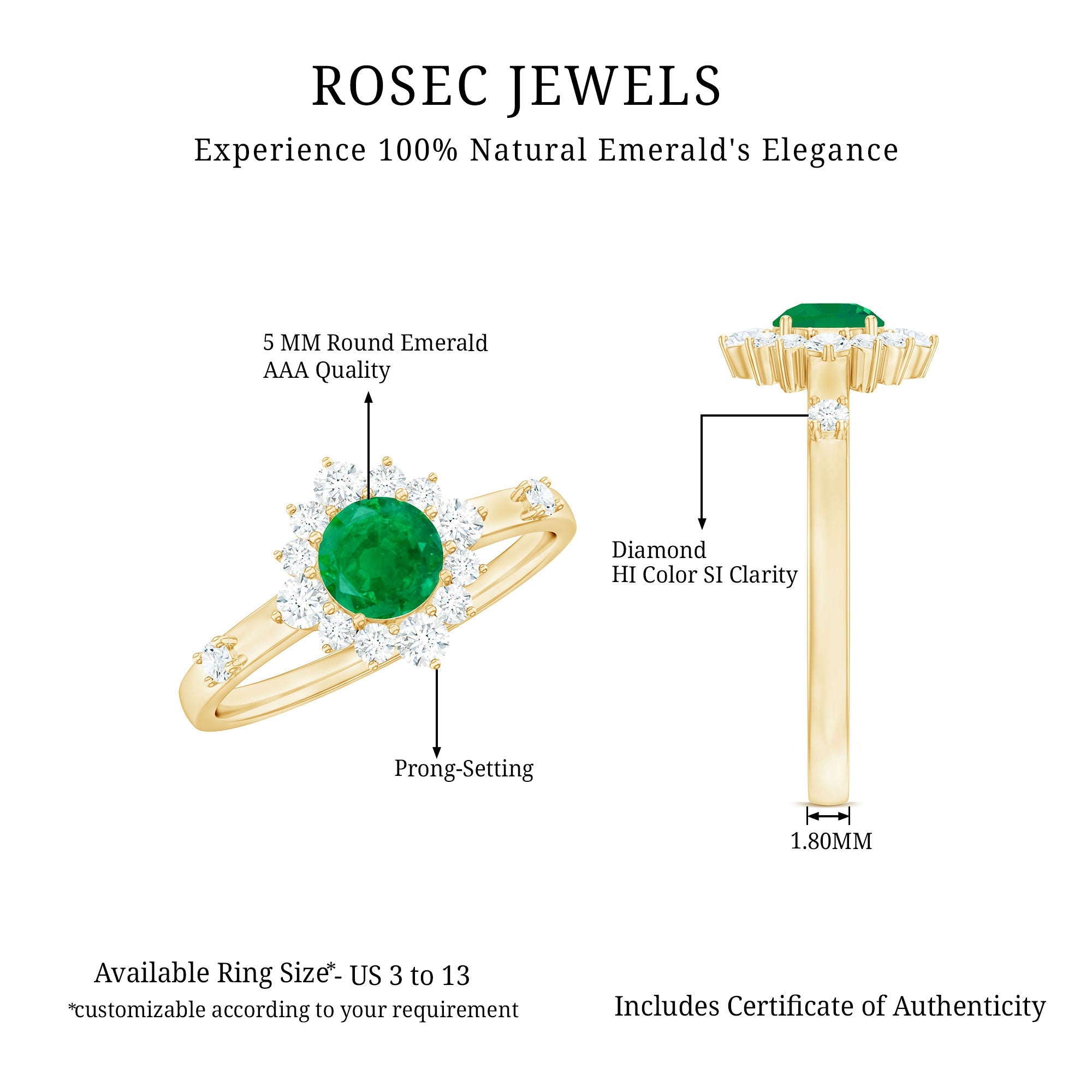 5mm Round Shape Emerald Promise Ring with Diamond Halo