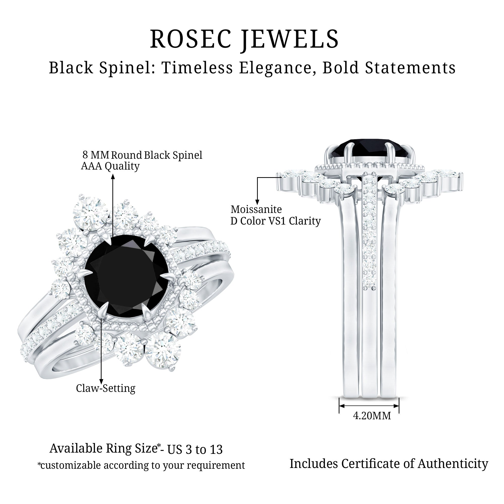 2.6 Carat Vintage Style Black Spinel 3 Piece Ring Set with Moissanite