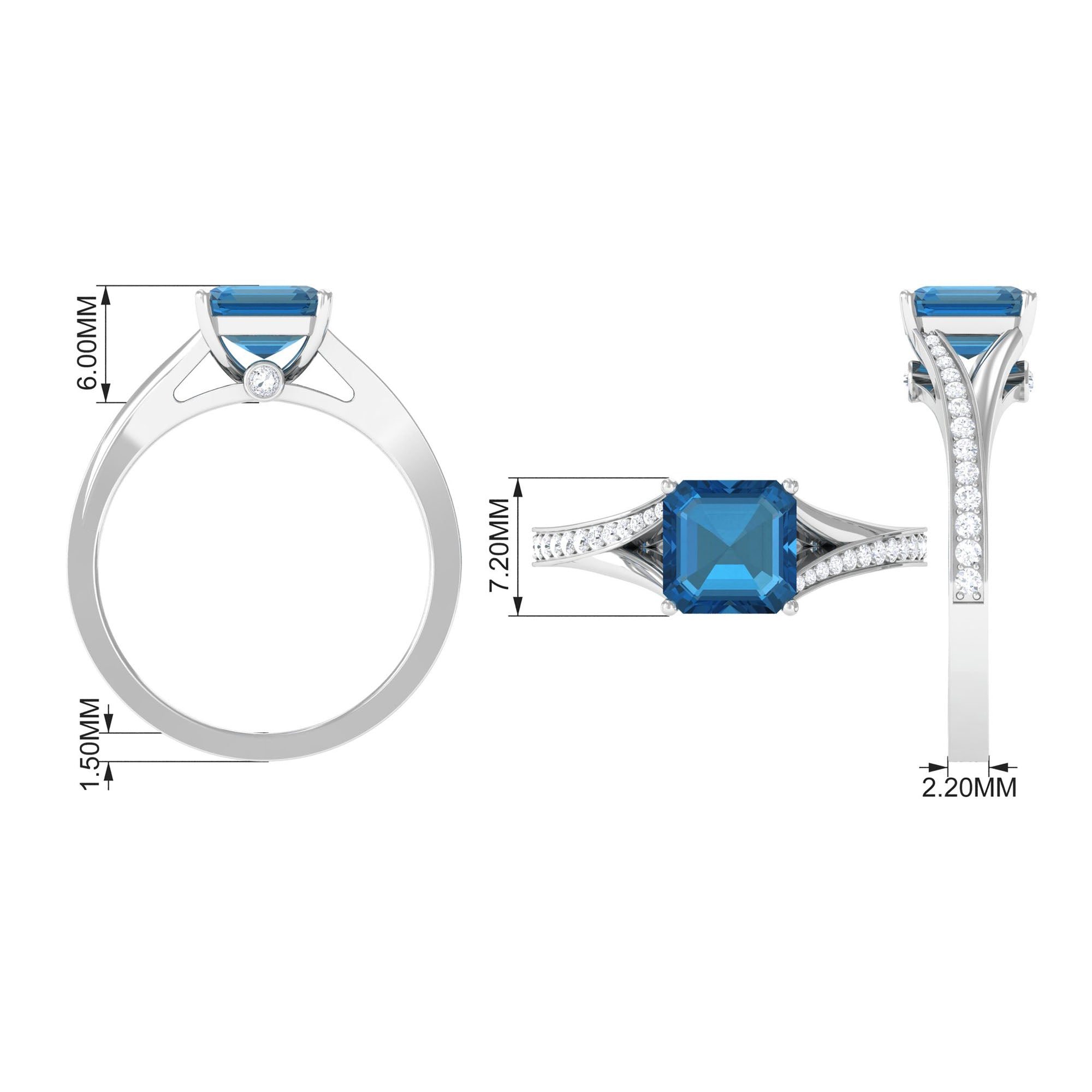 8mm Asscher Cut London Blue Topaz Split Shank Engagement Ring with Diamond
