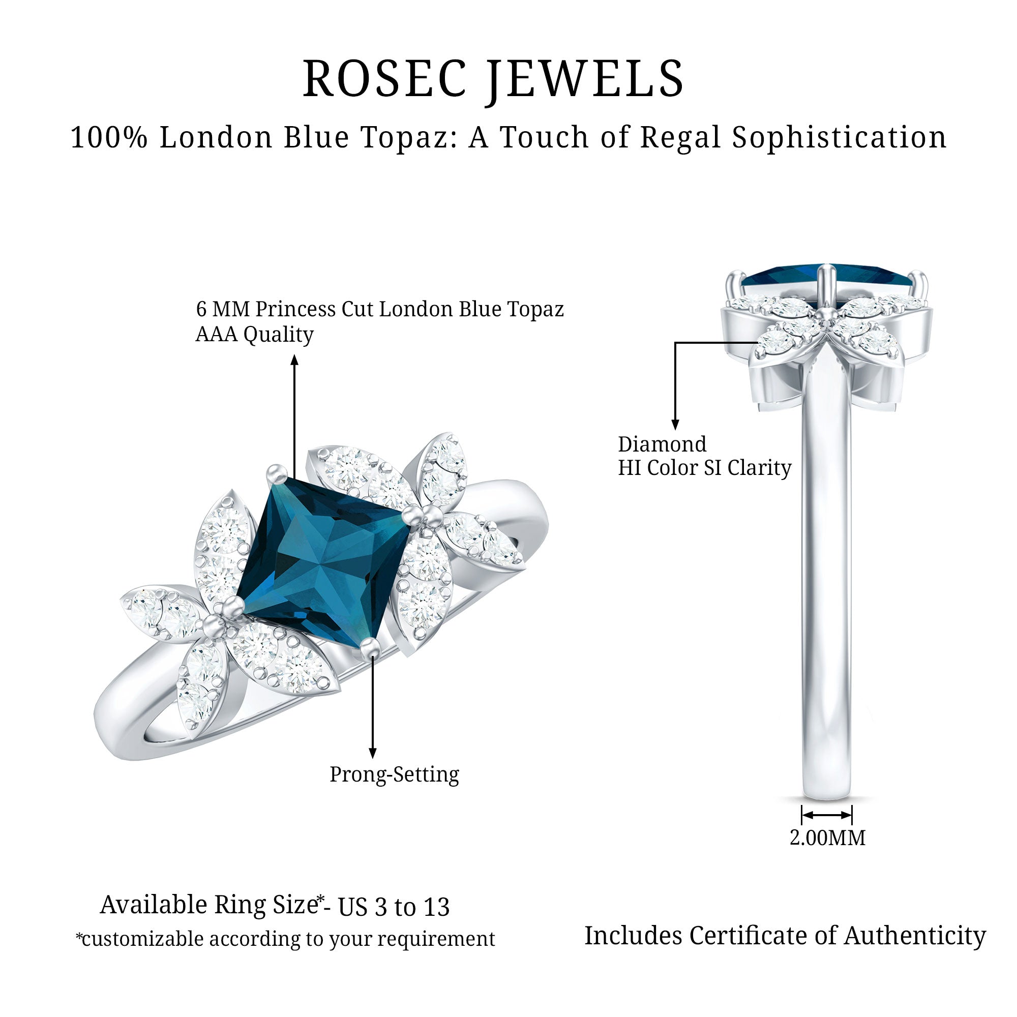 6mm Princess Cut London Blue Topaz Floral Engagement Ring with Diamond