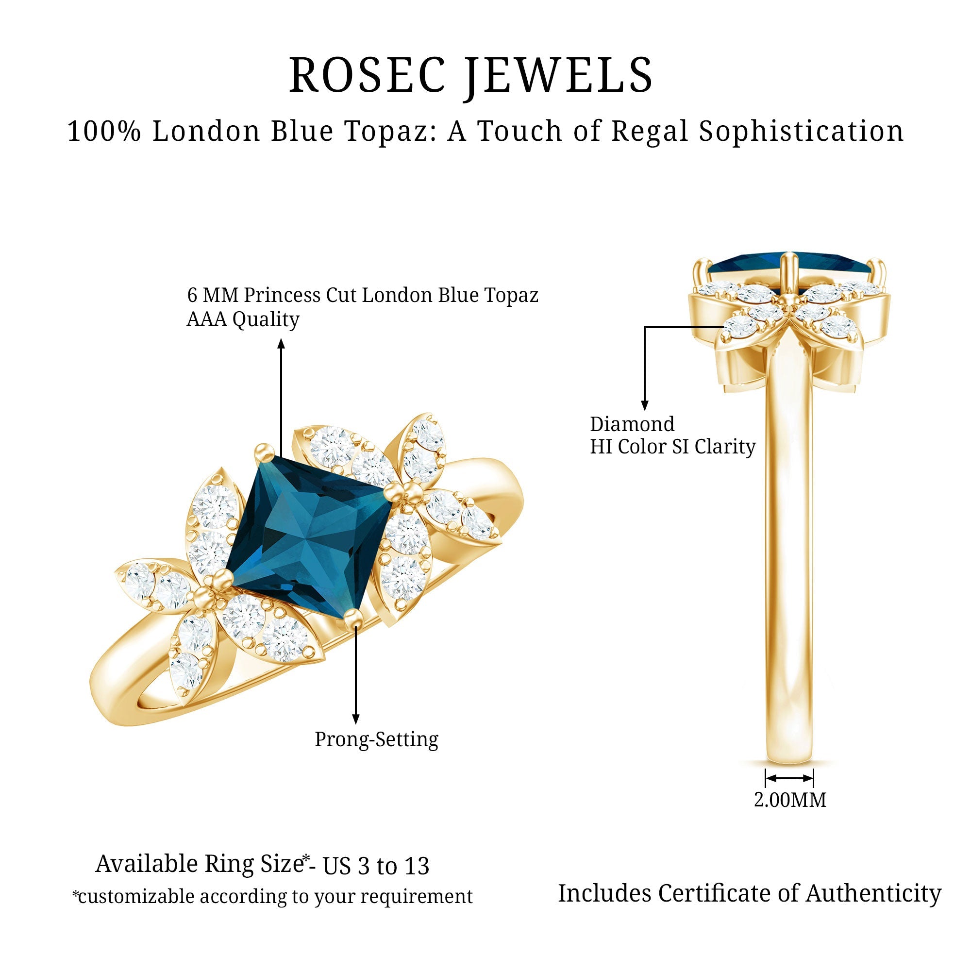 6mm Princess Cut London Blue Topaz Floral Engagement Ring with Diamond