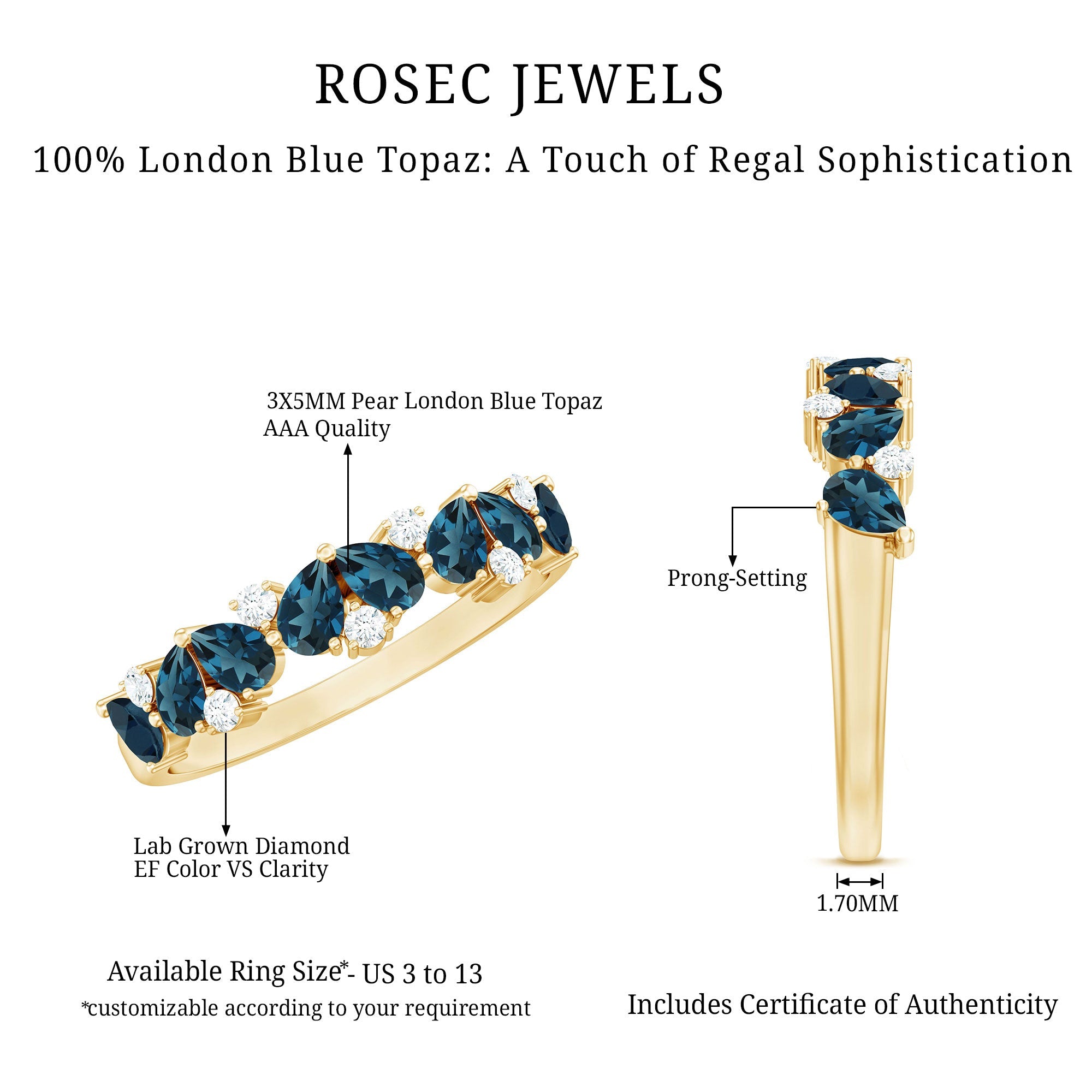 Pear Shape London Blue Topaz Half Eternity Band with Lab Made Diamond