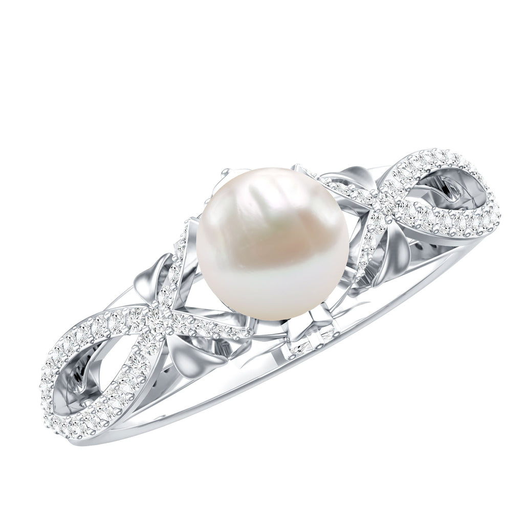 Cultured 2 Carat Freshwater Pearl Solitaire Engagement Ring with Diamond Crossover Shank