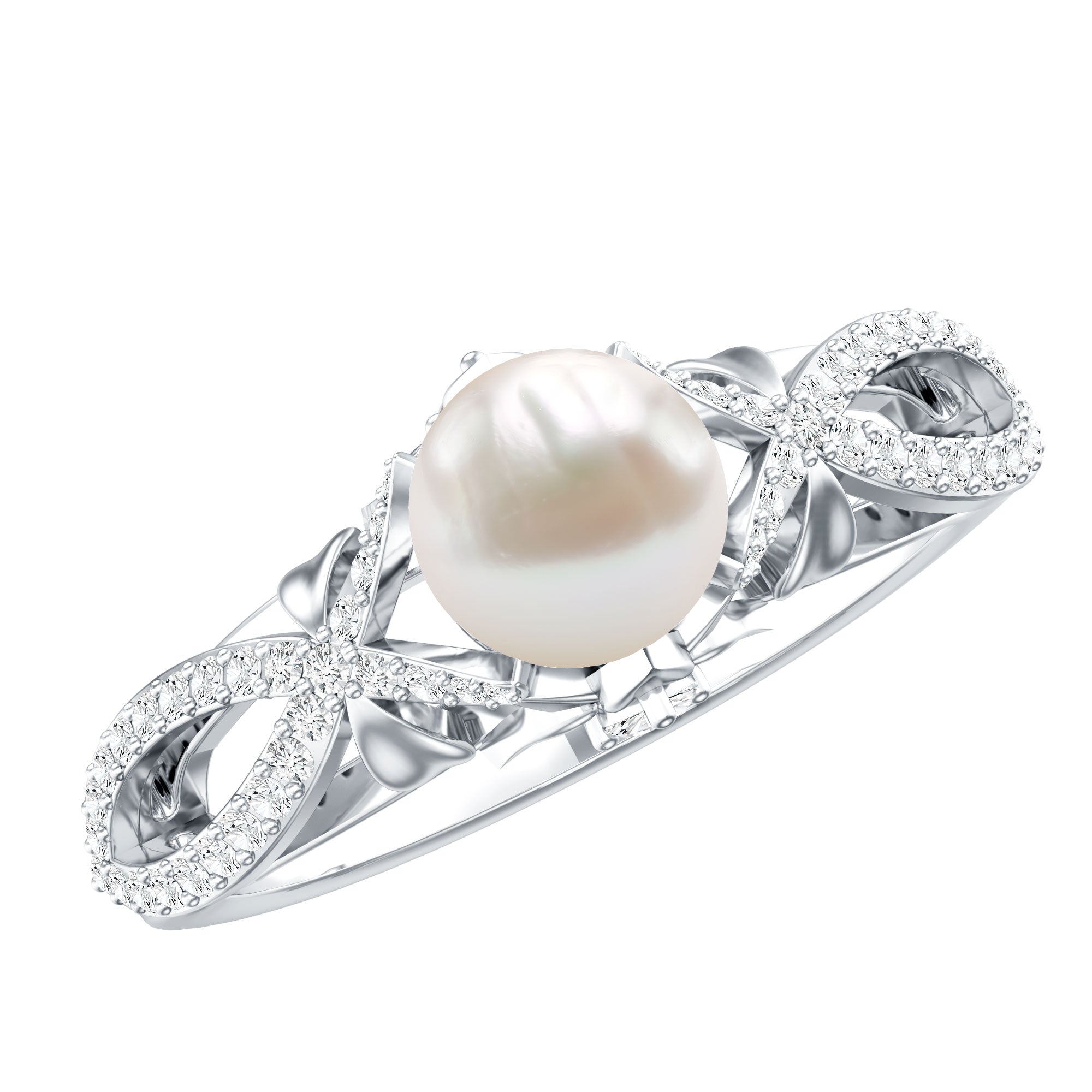 Cultured 2 Carat Freshwater Pearl Solitaire Engagement Ring with Diamond Crossover Shank
