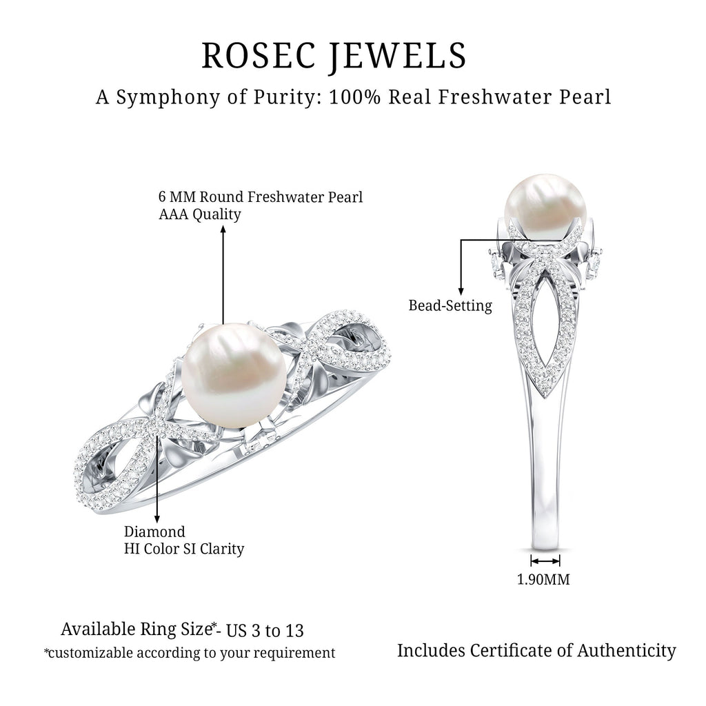 Cultured 2 Carat Freshwater Pearl Solitaire Engagement Ring with Diamond Crossover Shank