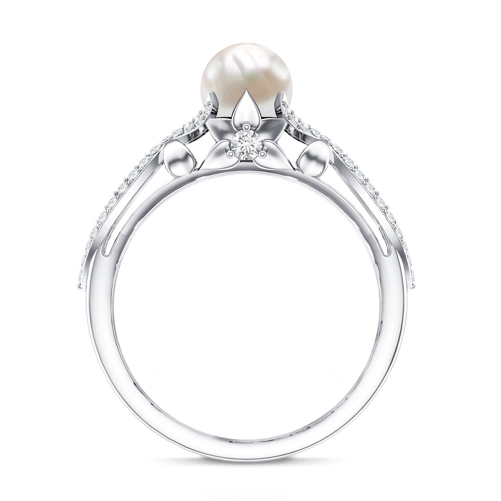 Cultured 2 Carat Freshwater Pearl Solitaire Engagement Ring with Diamond Crossover Shank