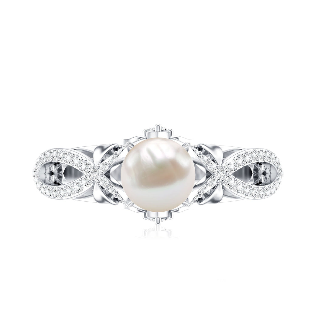 Cultured 2 Carat Freshwater Pearl Solitaire Engagement Ring with Diamond Crossover Shank