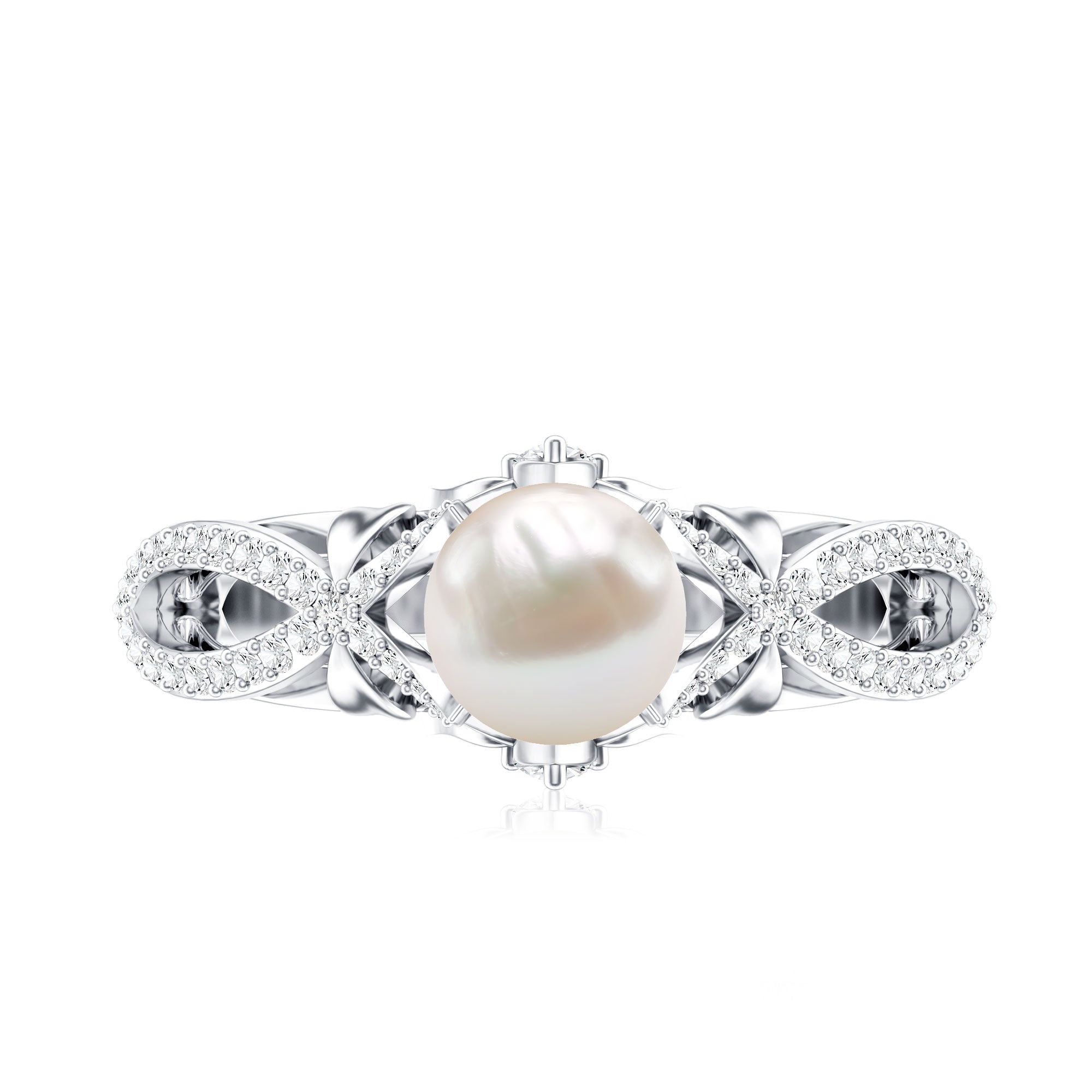 Cultured 2 Carat Freshwater Pearl Solitaire Engagement Ring with Diamond Crossover Shank